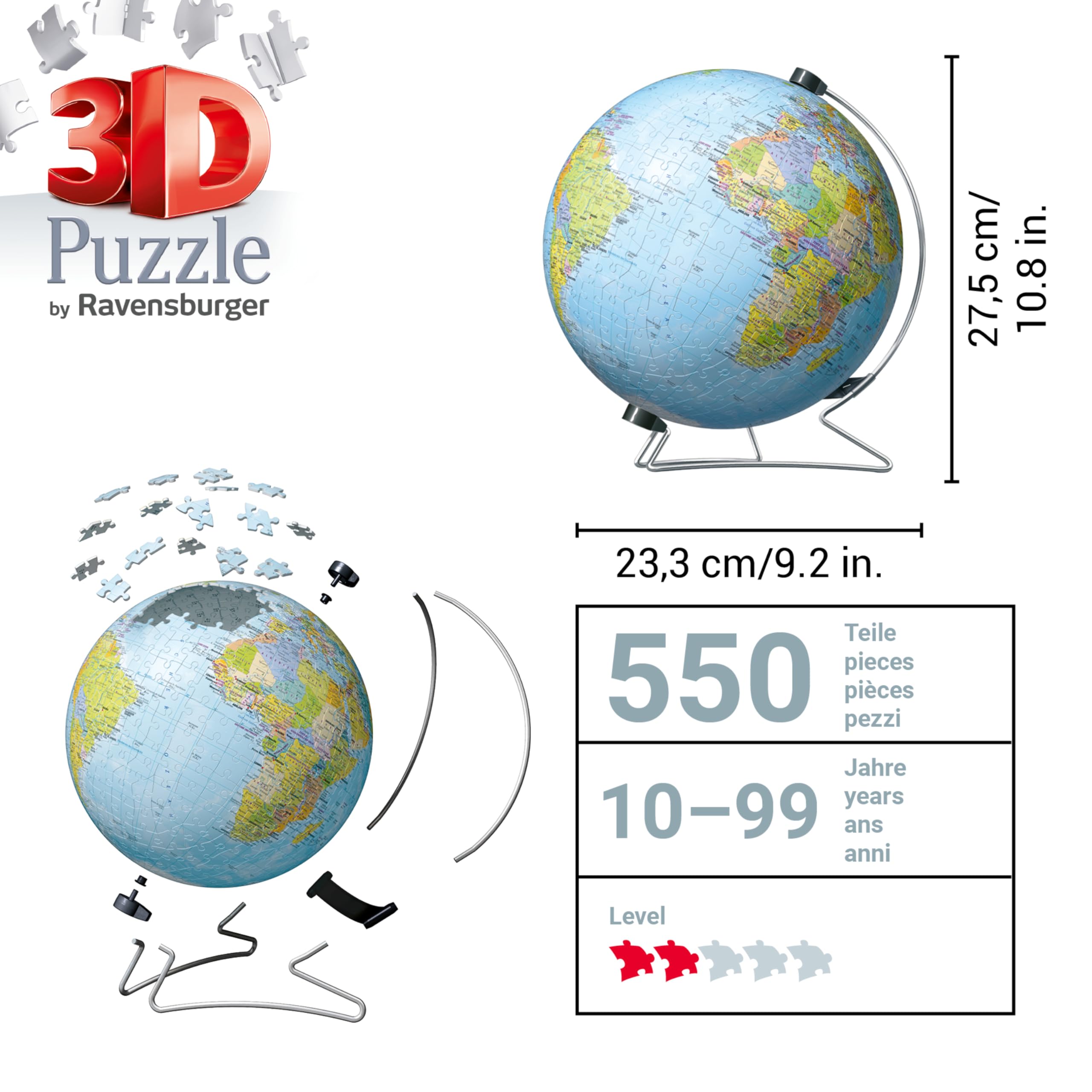 Ravensburger - Puzzle 3D Ball éducatif - Globe terrestre - A partir de 10 Ans - 540 pièces numérotées à Assembler sans Colle - Support Rotatif Inclus - 12436