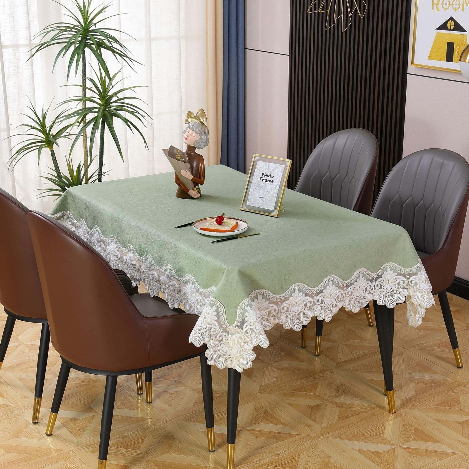 Tischdecke Hochzeit Rechteckig 150x220 cm, Grün Bestickt mit Spitze