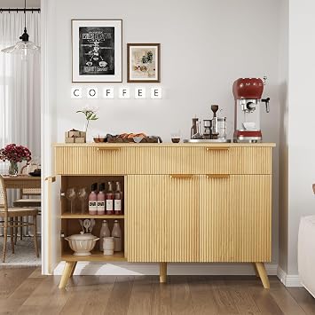 47" Buffet Cabinet with Storage, Natural Wood Fluted Sideboard with Drawers 3 Doors & Adjustable Shelves, Modern Accent Storage Cabinet Console Table for Living Room, Hallway, Entryway