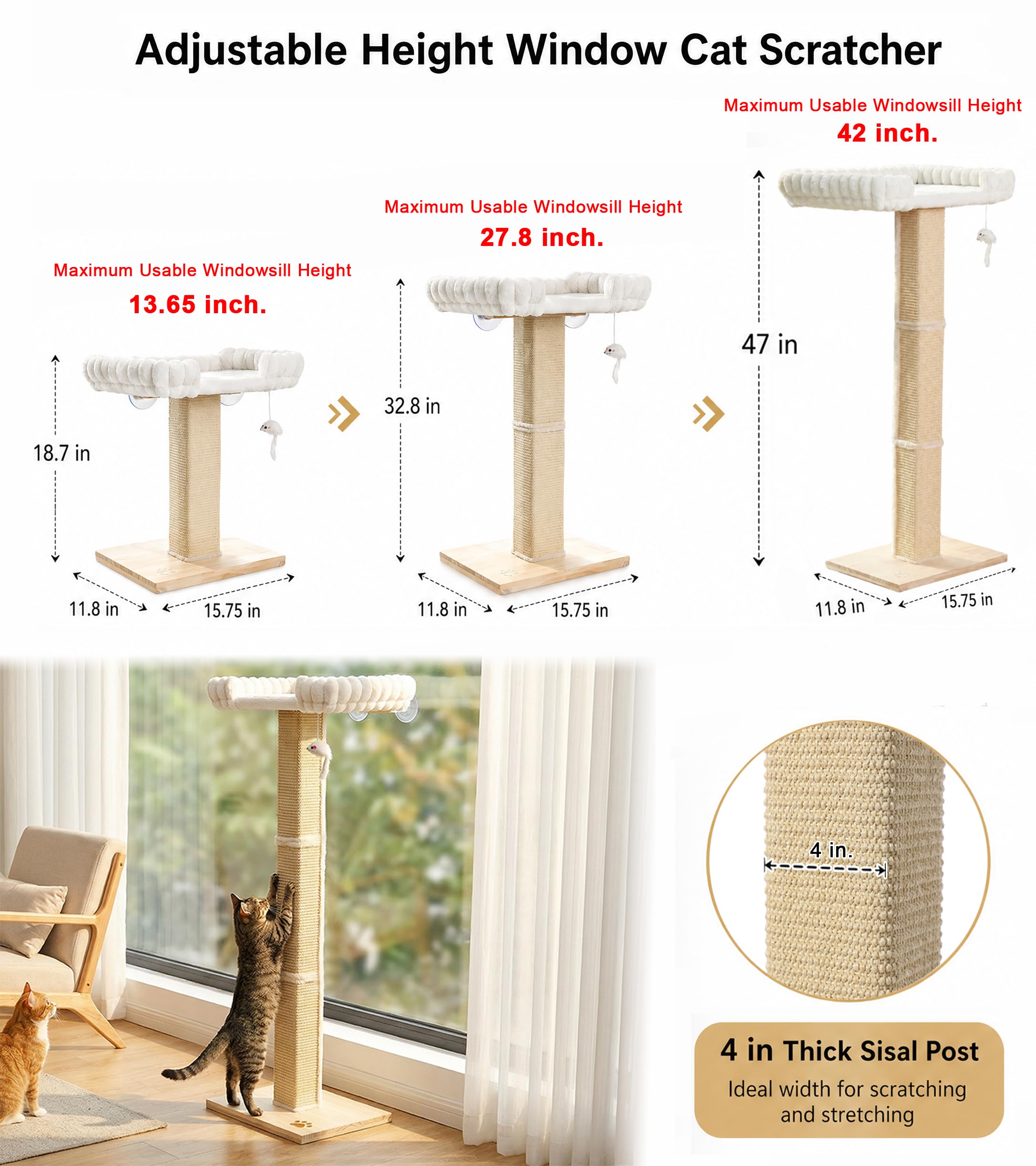 SnugCloud - Poste rascador para gatos con percha grande para ventana, cama ultra suave con refuerzo, árbol rascador de sisal ajustable de 47 pulgadas de alto para gatos grandes Maine Coon, escalar