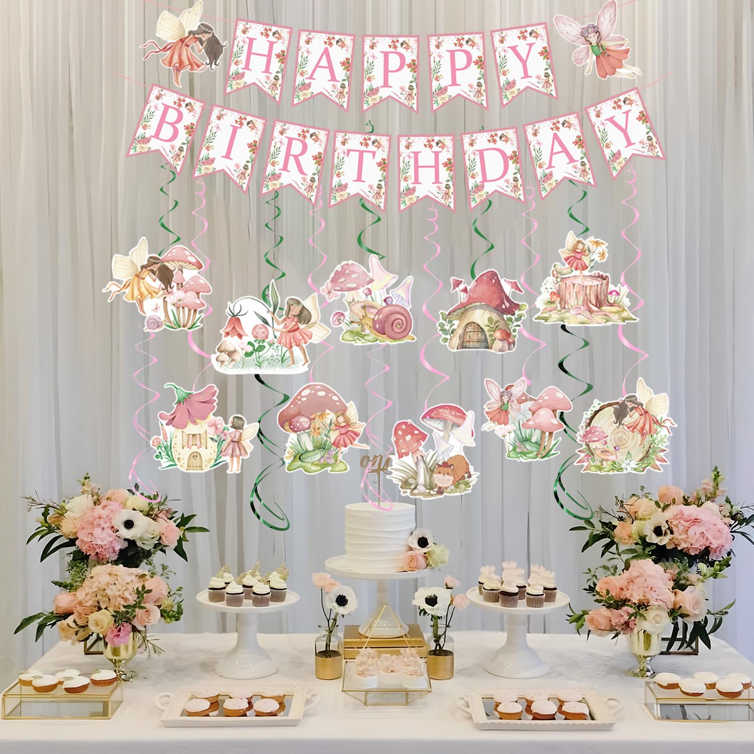 Funrous 9 Pcs Fairy Birthday Party Decorations Fairies Honeycomb Centerpieces Fairyland First Birthday Party Decor Mushroom Frog Paper Table Topper