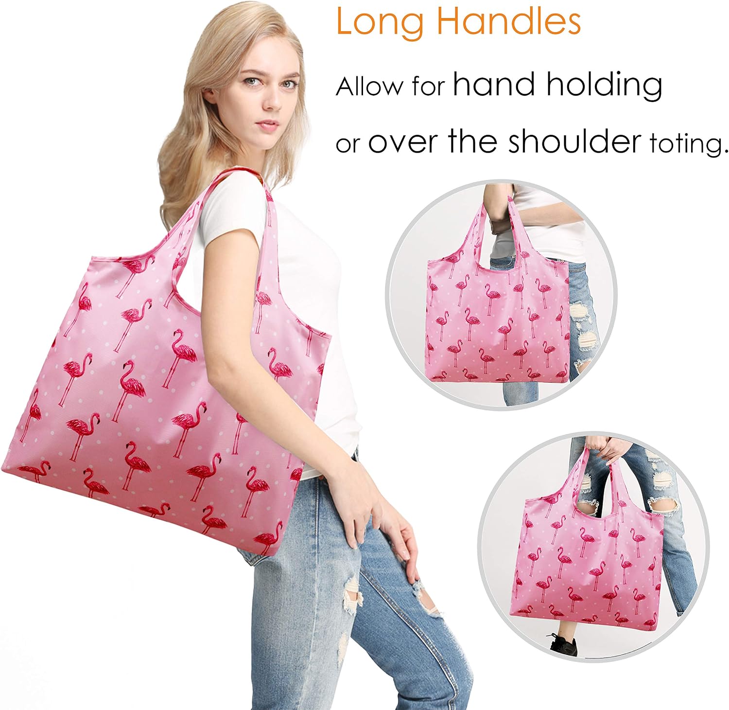 Reusable Shopping Bags Lightweight Heavy-duty 5 Pack Wave Stripe Flamingo Dots Cactus