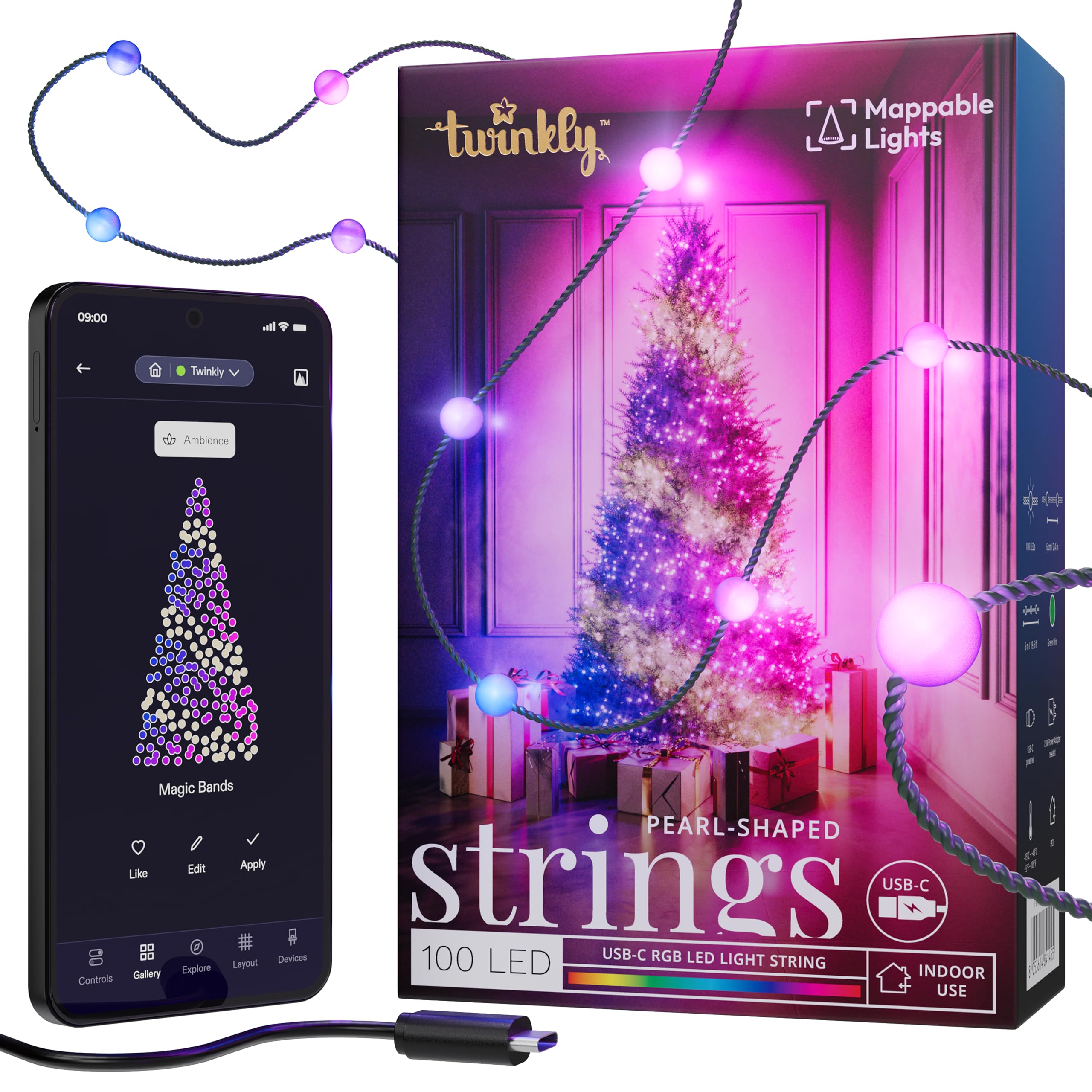 Twinkly Strings USB-C Pearls 100 LED, Striscia Luci LED a Forma di Perla, Luci LED Multicolore RGB, Luci San Valentino, Compatibile con Alexa, Google Home, Luci Mappabili, USB C, Filo Verde, 6m