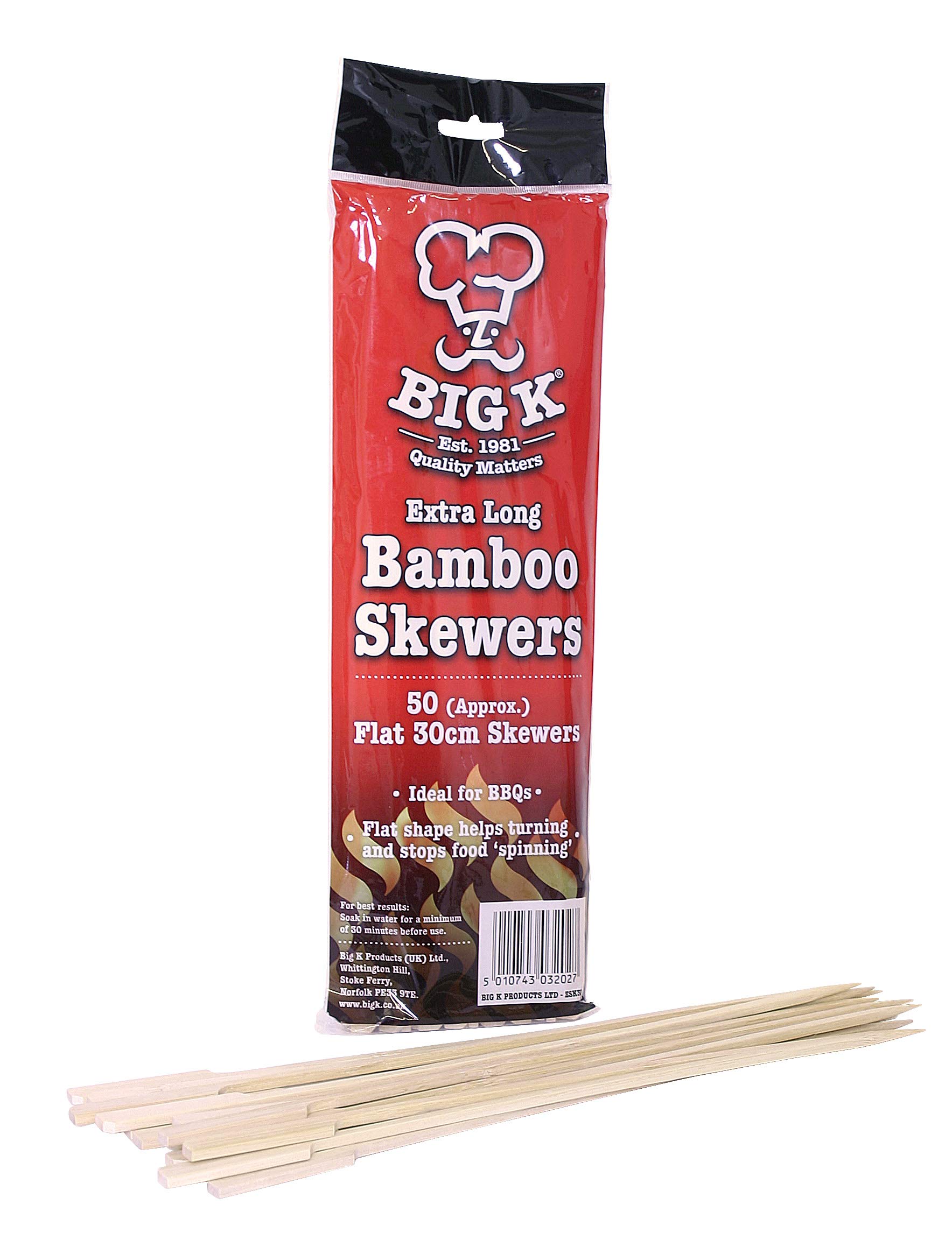 Big K Extra Long Flat Bamboo Skewers, Pack Of 50 30cm Long Food Grade BBQ Skewers