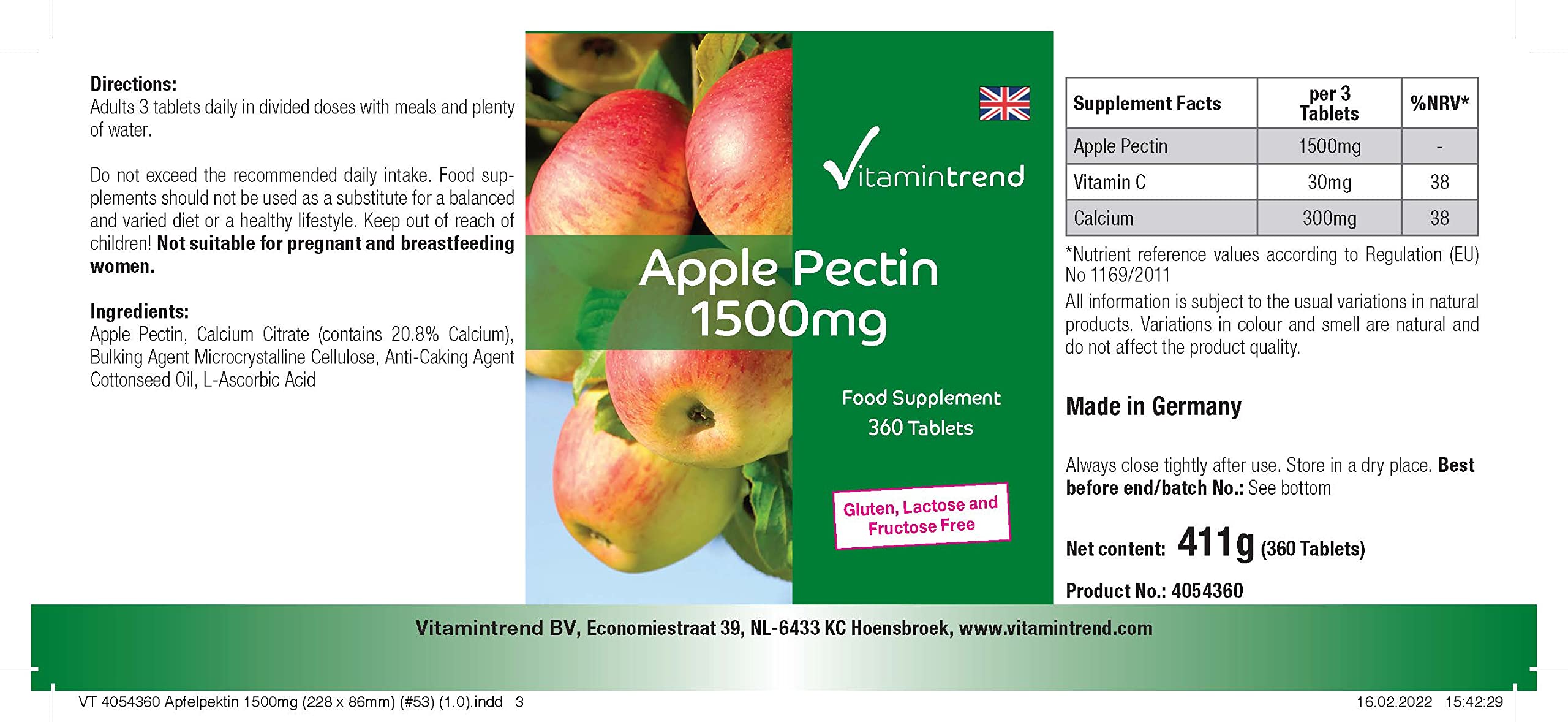 Vitamintrend Pectine de pomme 1500 mg, 360 comprimés, avec calcium et vitamine C, complément alimentaire végane sans additifs, fabriqué en Allemagne
