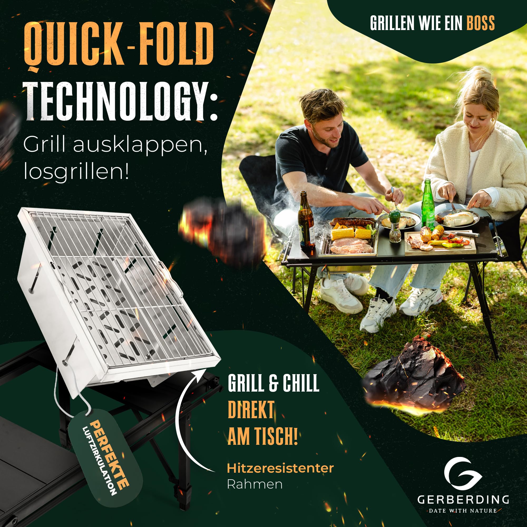 2in1 Holzkohlegrill & Campingtisch | Klappgrill mit Tischfunktion für 2-3 Personen | Kompakter Grill mit Klapptisch | faltbar & tragbar | Mini Grill ideal für kurze Trips
