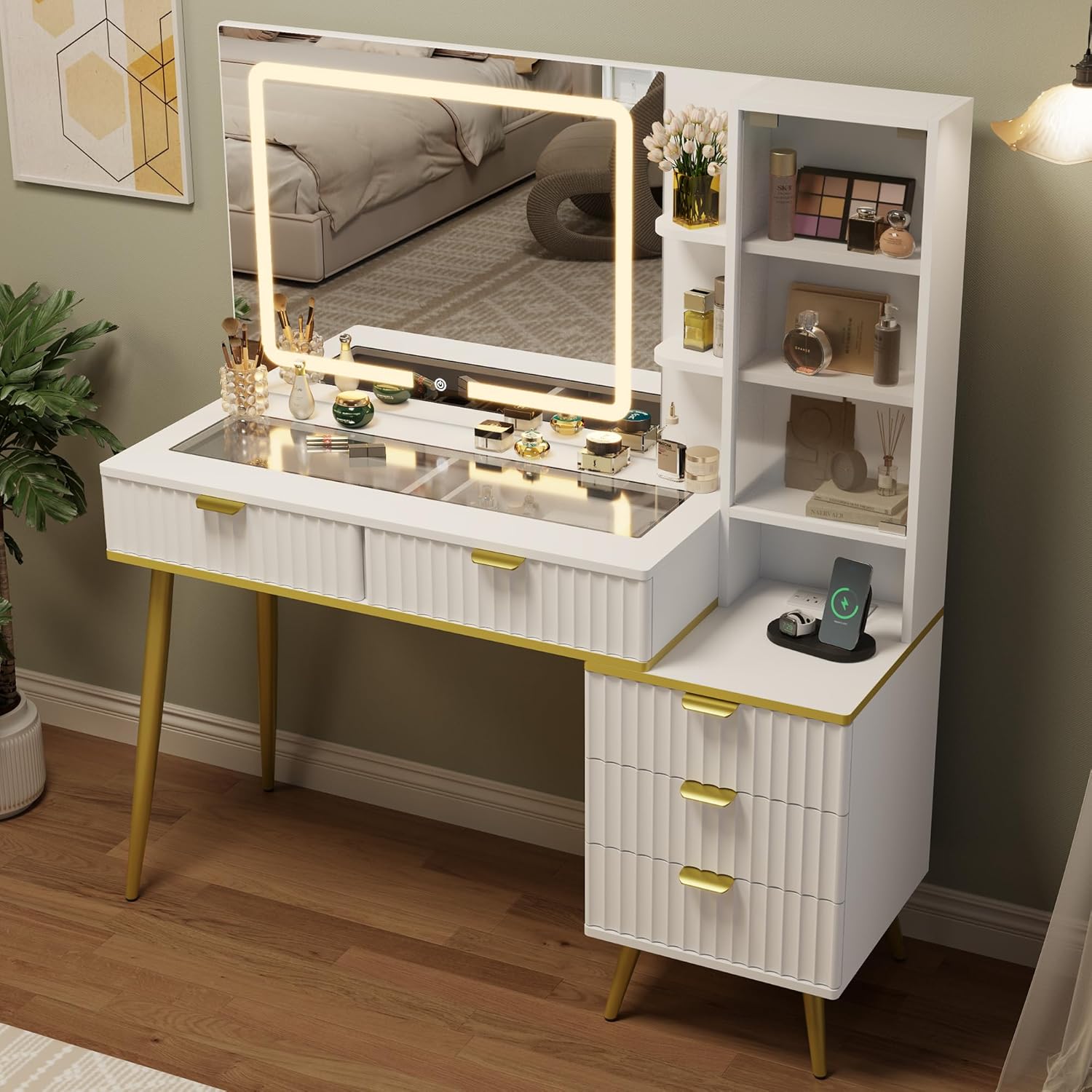48" Large Makeup Vanity with Glass Top, Modern Fluted Vanity with 3 Lighting Modes Mirror & Power Outlet, Big Vanity Desk with 5 Drawers, Dressing Table for Women Girls Bedroom,White