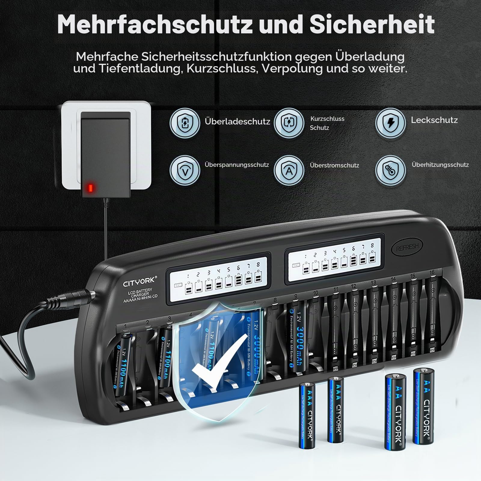 CITYORK Akku Ladegerät AA AAA für AA AAA NI-MH, NI-CD wiederaufladbar Batterien, 16 Slots LCD Batterie ladegerät mit integriertem IC-Schutz und Netzteil (Aufgerüstetes Ladegerät)