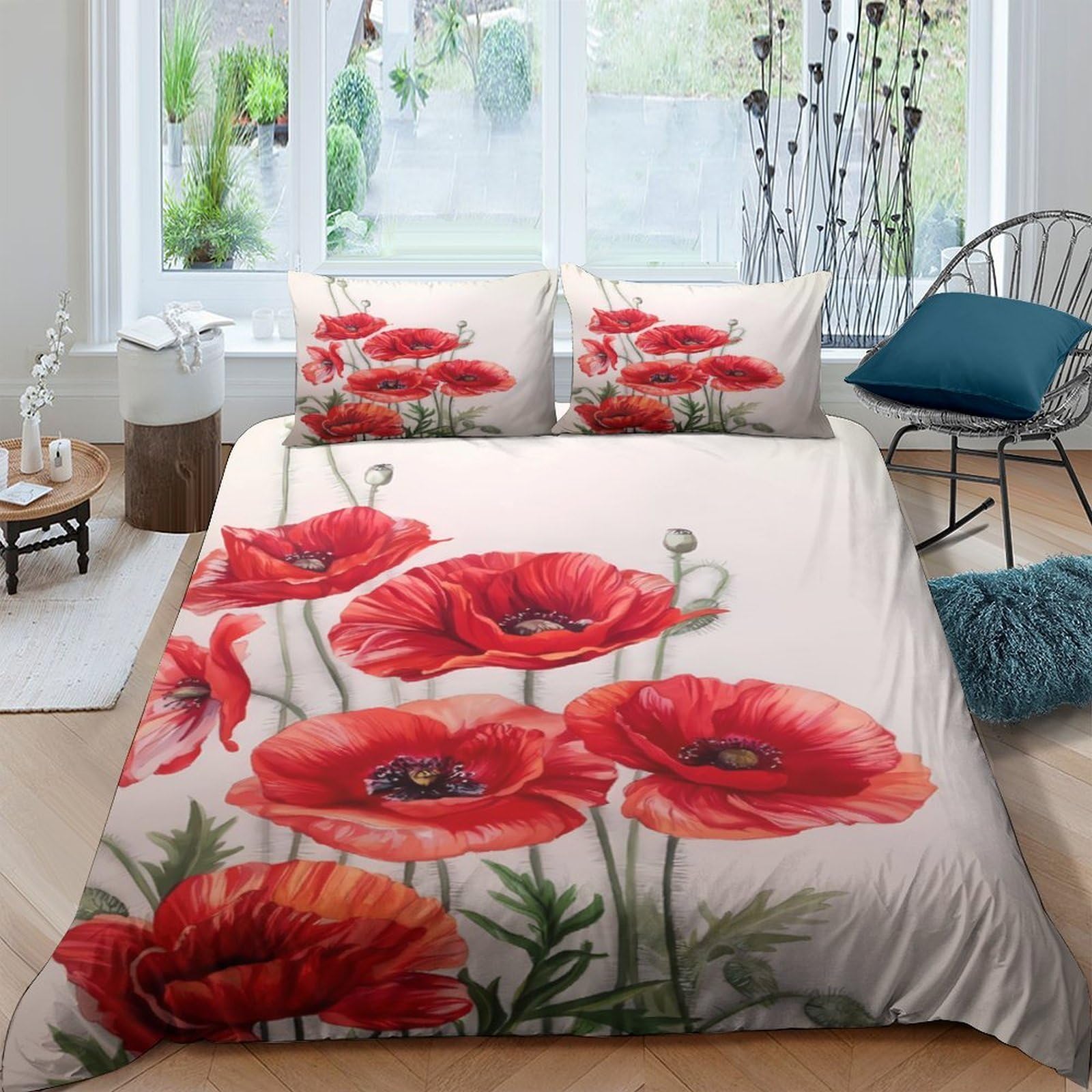 GPLZQXKJNH 3D Printed Red Poppy Flower Duvet Cover Microfiber Soft Breathable Watercolor Floral Bedding Set with 2 Pillowcases for Bedroom Decor Single（135x200cm）