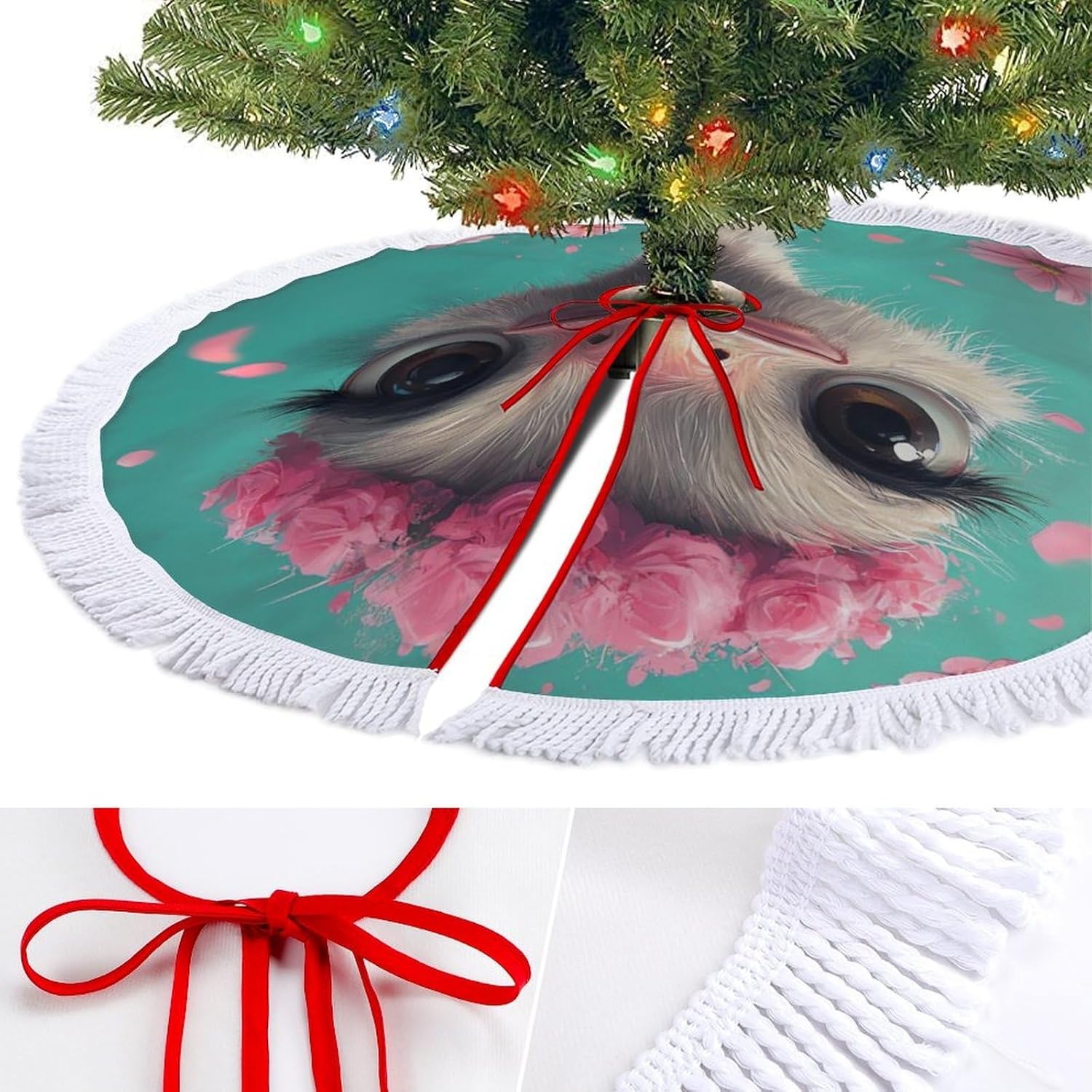 Cute Ostrich Christmas Tree Skirt Round Xmas Tree Mat Ornaments Tree Skirts with Tassels for Holiday Party