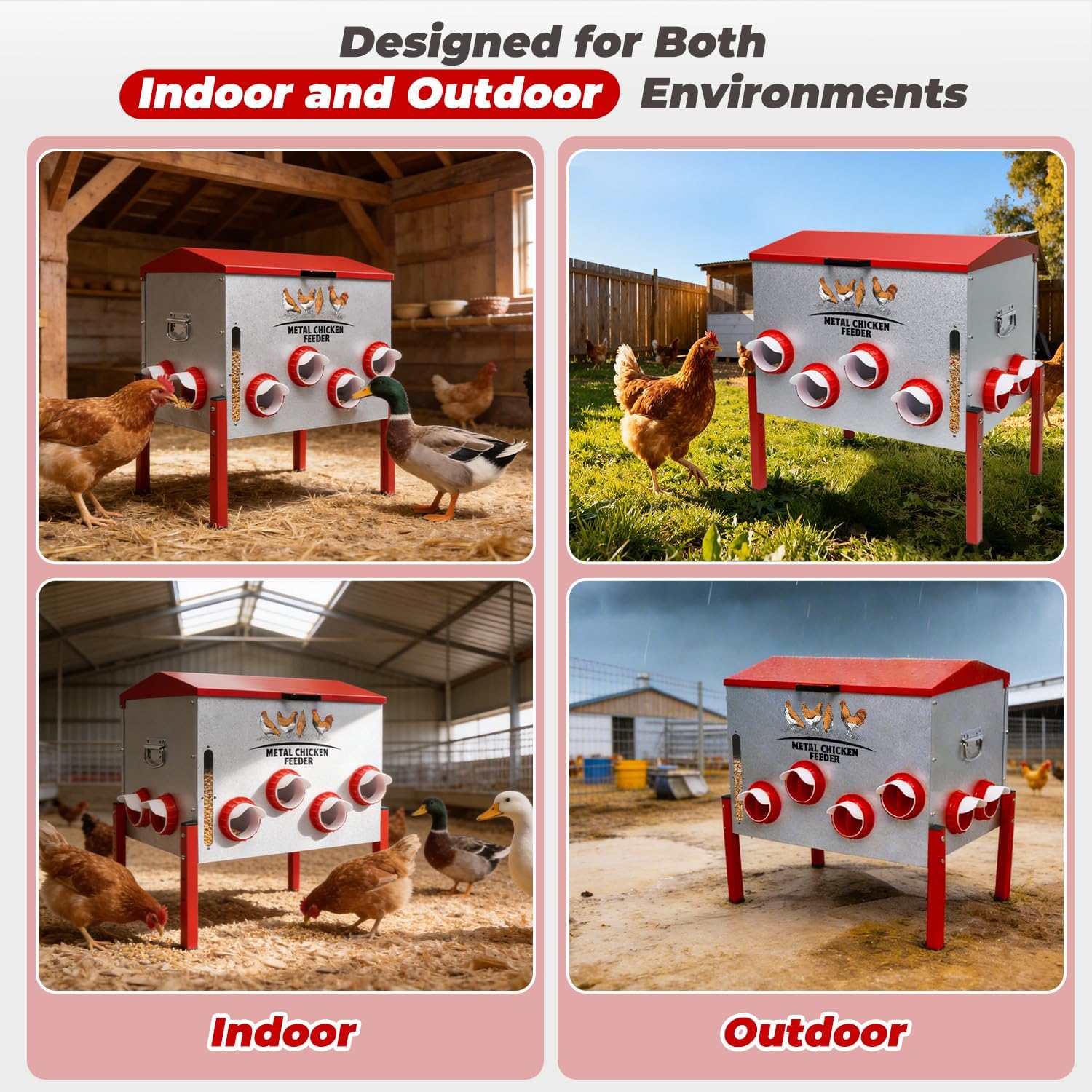 Automatic Chicken Feeder 100LBS Large Capacity, 12 Anti-Waste Ports Metal Poultry Feeder with Height Adjustable Stand, Waterproof Rodent Proof Feed Box with Lid Viewing Window for Hens Ducks Geese