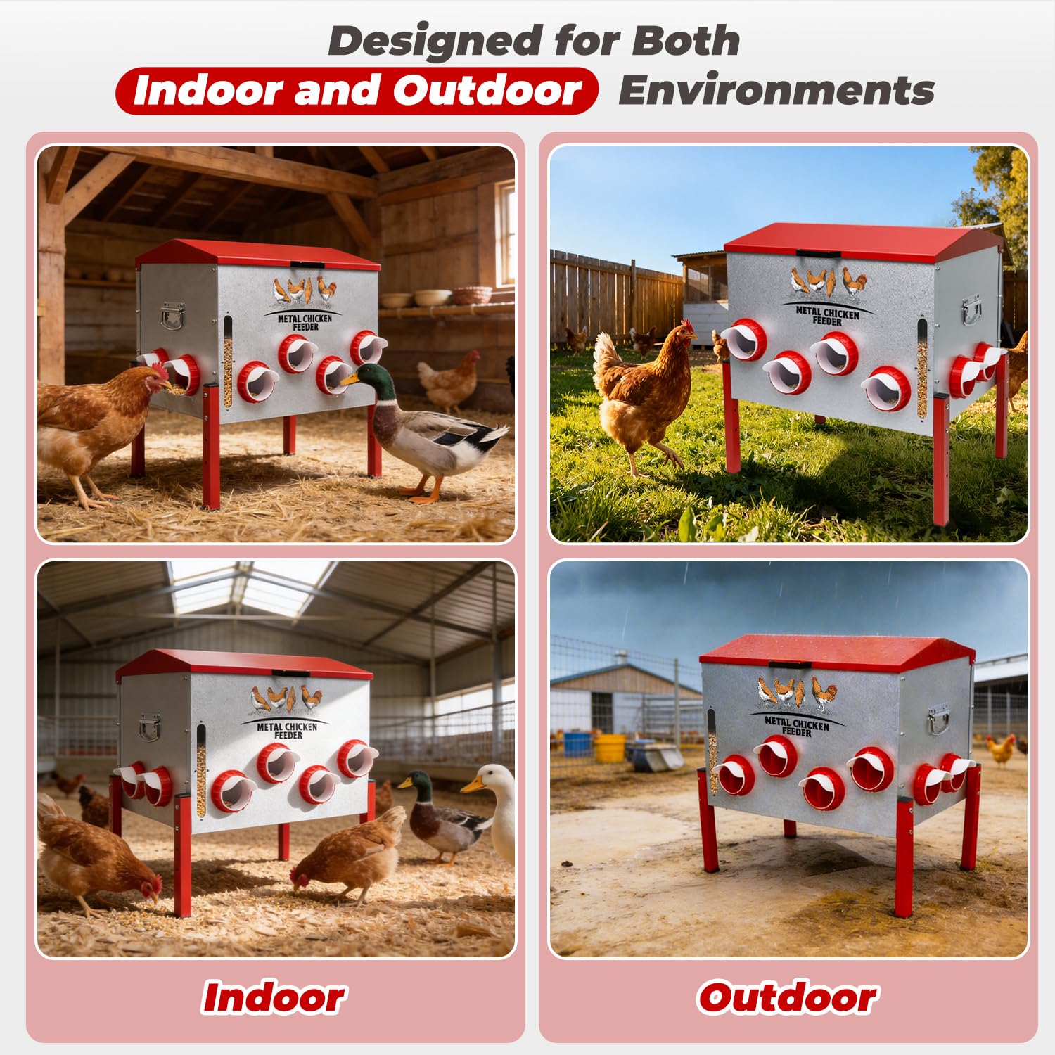 Comedero automático para pollos de 100 libras, gran capacidad, 12 puertos antiresiduos, comedero de metal para aves de corral con soporte de altura ajustable, caja de alimentación impermeable a prueba