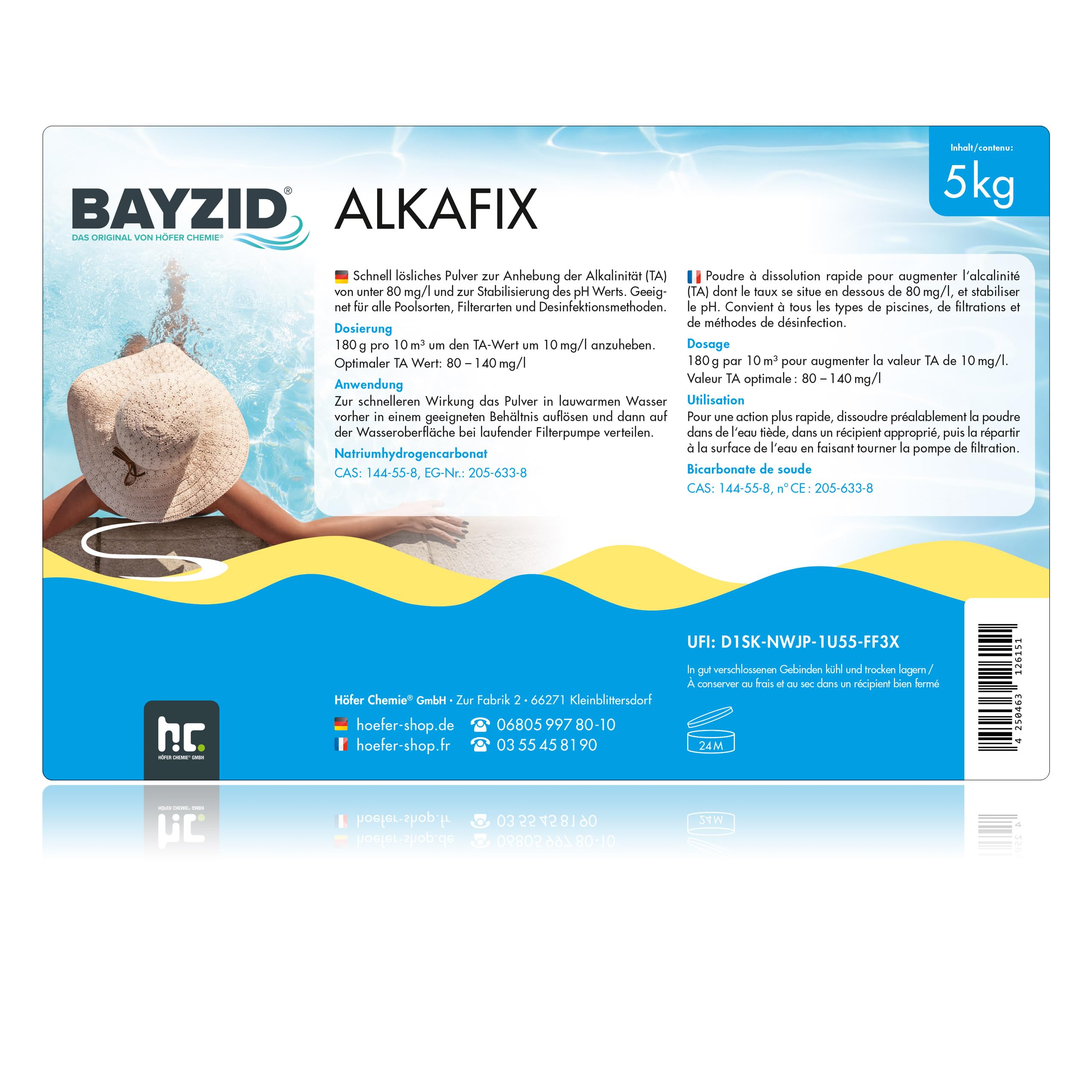 Höfer Chemie 5 kg BAYZID® Alkafix - Augmentation Rapide et Efficace de l’Alcalinité (TA) pour Piscines, Stabilisation du pH, Doux pour la Peau et Les Yeux