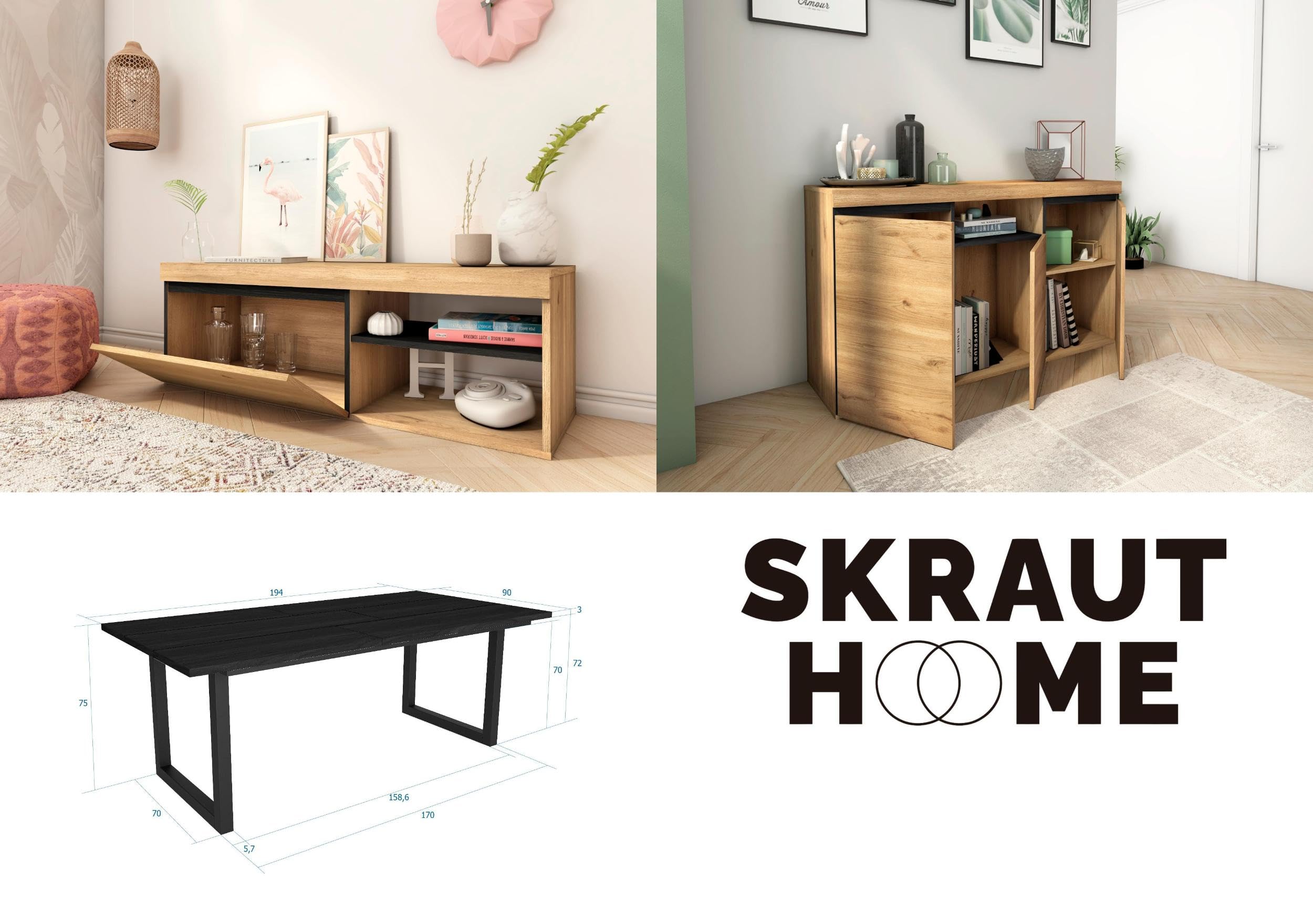 Skraut Home - Set di mobili per il soggiorno | Tavolo 200 Nera piedi U 10 commensali | Mobile TV 120 | Madia/Credenza 140 | Rovere e Nero | Stile industriale