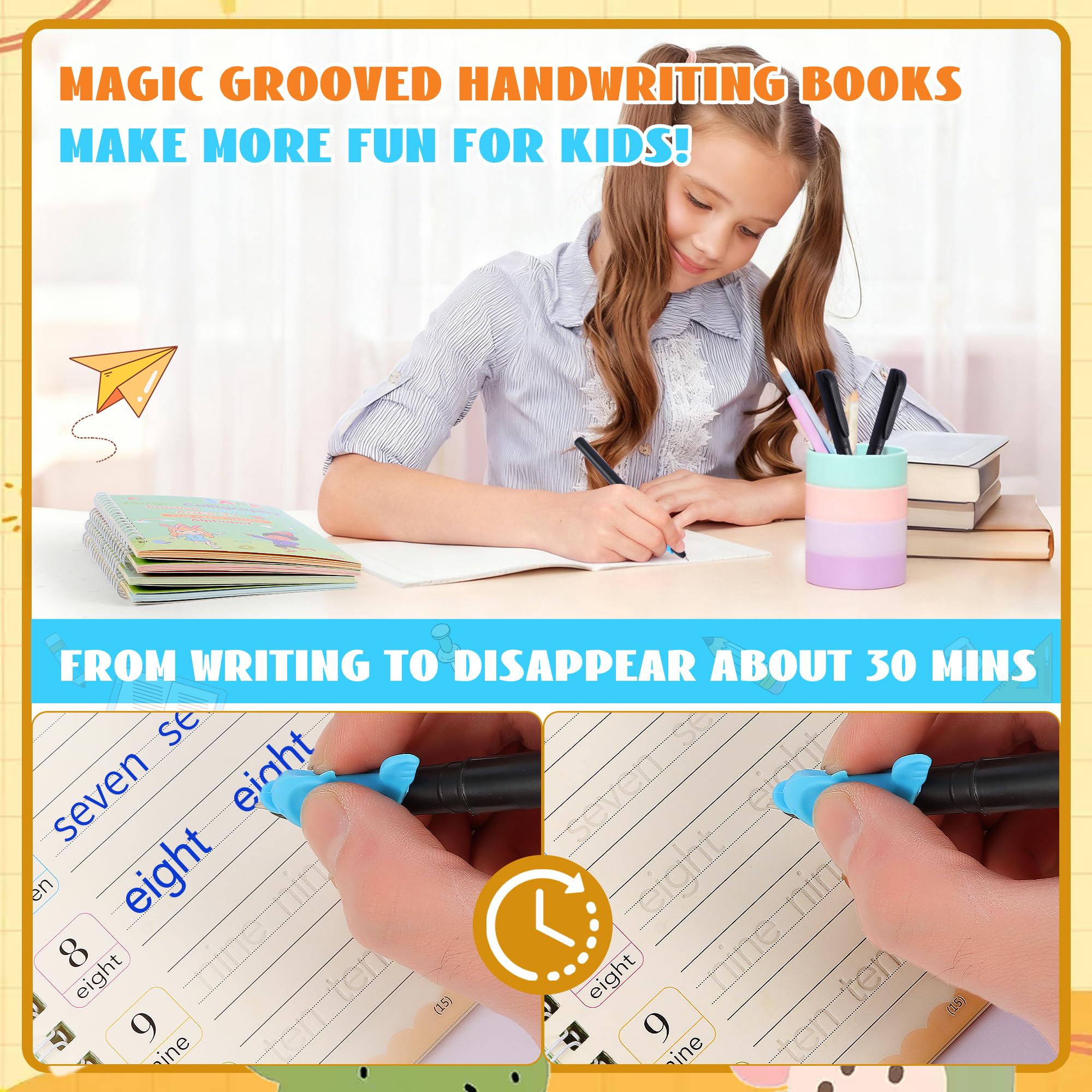 Magic Grooved - Libros de práctica de escritura, reutilizable para niños de 3 a 5 a 6 a 8, libros de escritura ranurados para niños de caligrafía preescolar de jardín de infantes