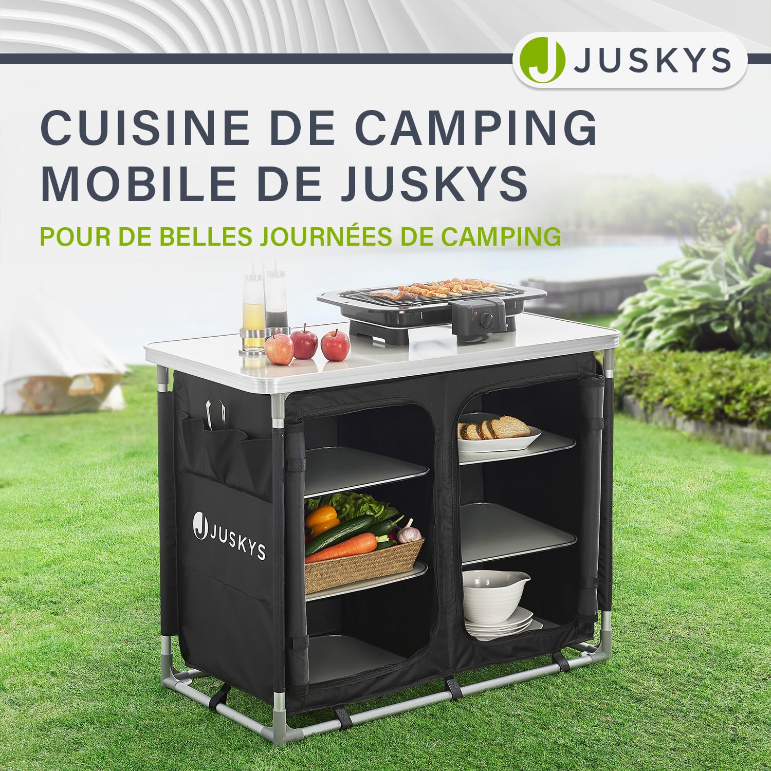 Juskys Cuisine de Camping Pliable avec Sac de Transport - étanche, Inoxydable - Cuisine de Camping extérieure Armoire de Camping Pliable - Cuisine Pliable avec Armoire