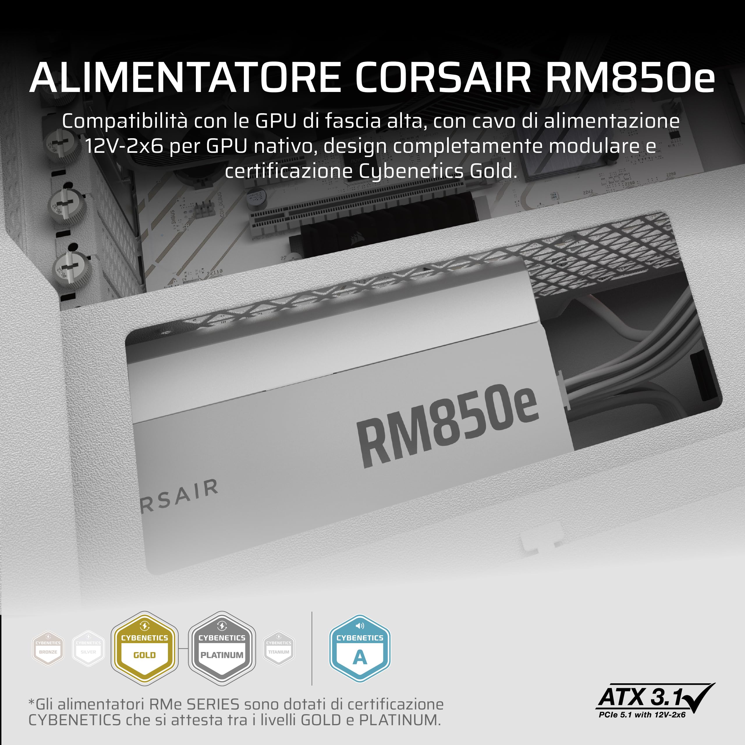 CORSAIR RM850e (2025) Alimentatore ATX Completamente Modulare a Basso Rumore con Cavo 12V-2x6 – Compatibile con ATX 3.1 e PCIe 5.1, Efficienza Cybenetics Gold, Condensatori a 105°C – Bianco