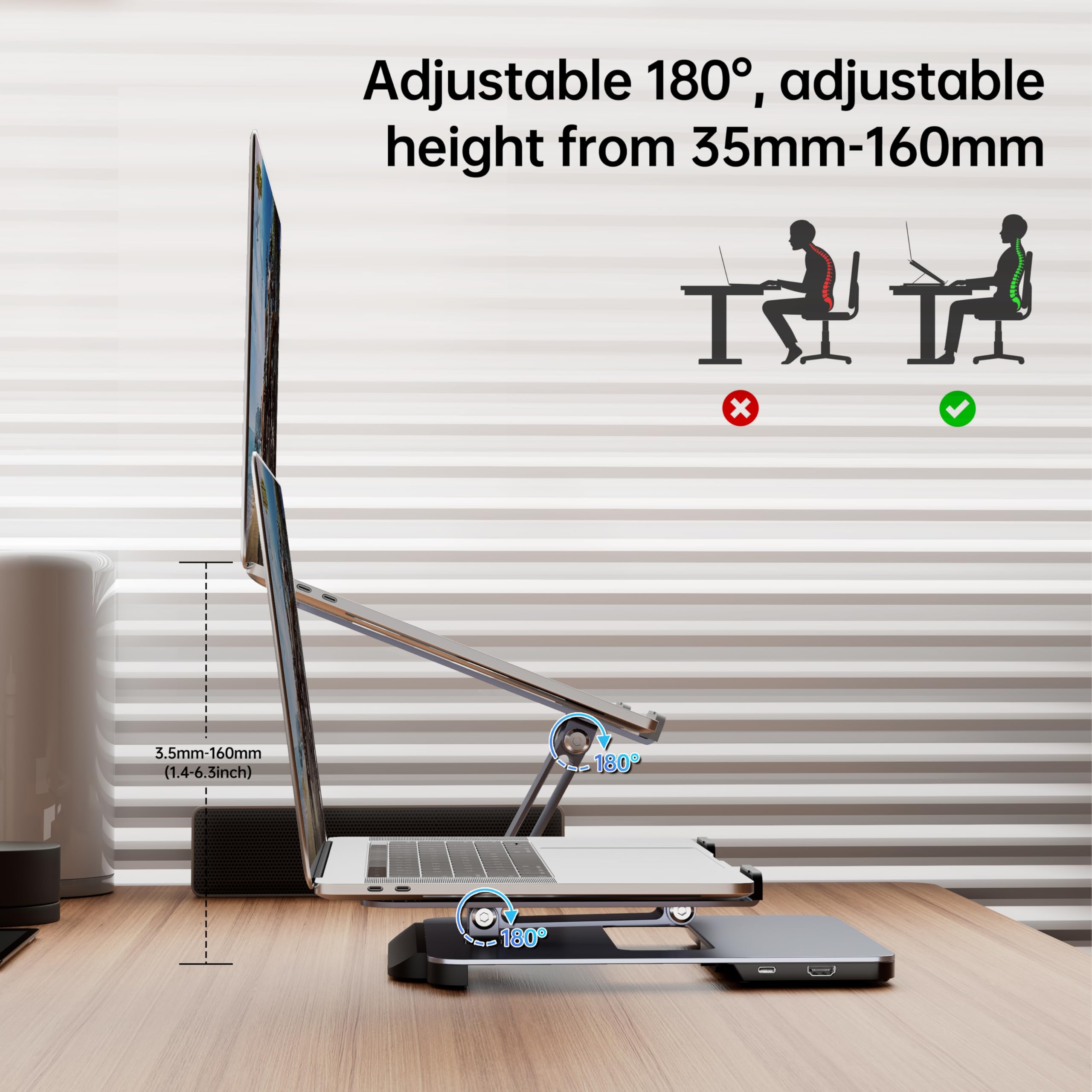 BENFEI Soporte Portátil Mesa Plegable, Aleación de Aluminio Elevador Portatil, con Hub USB C 6 en 1, HDMI 4K@60Hz, 4*USB 3.0, PD 100W Compatible con MacBook Pro/Air, iPad Pro, XPS, Thinkpad