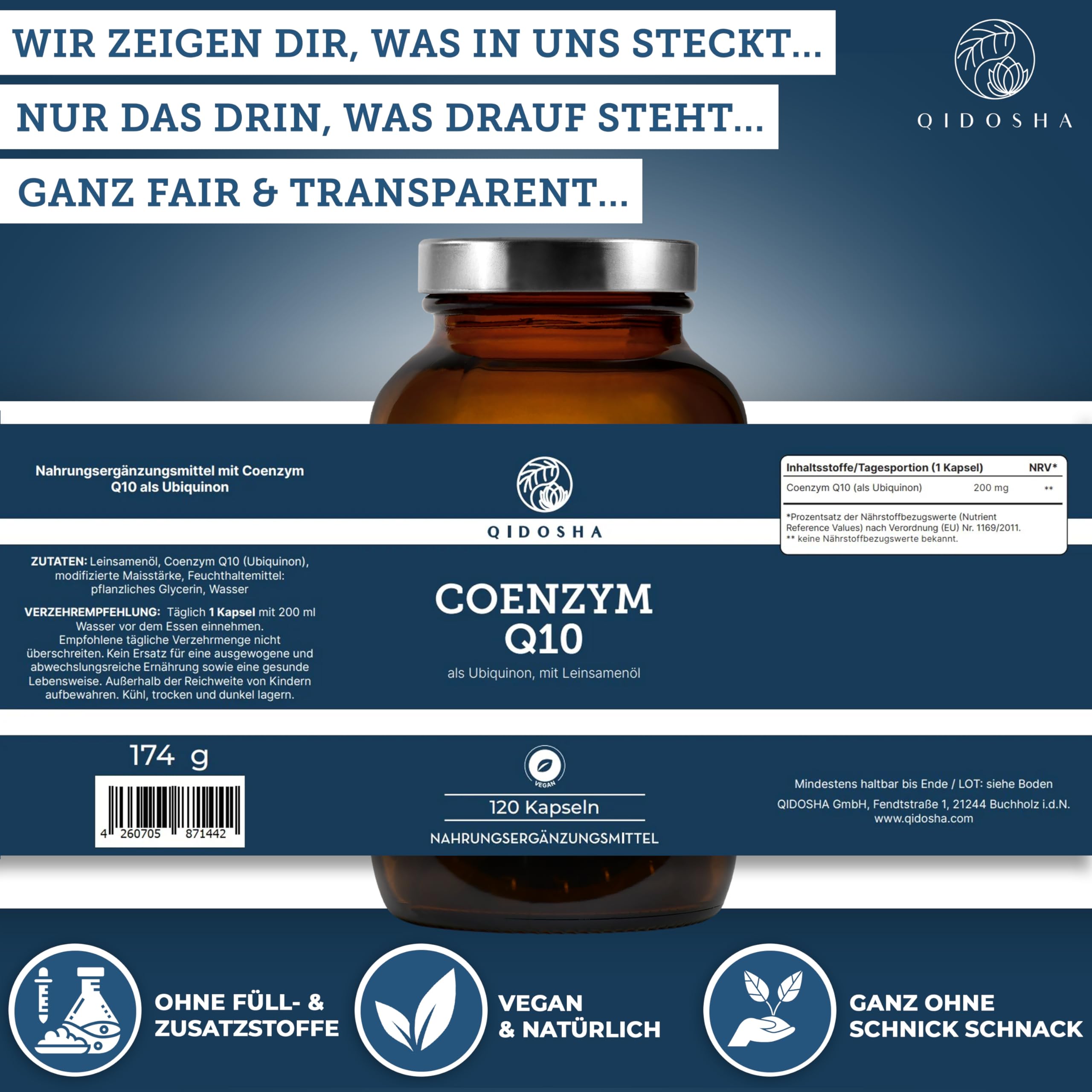 QIDOSHA® Coenzym Q10 Kapseln hochdosiert, 200mg Coenzym Q10 flüssig je Kapsel, 120 vegane Softgel-Kapseln im Glas, Ubiquinon eingebettet in Leinsamenöl für optimale Bioverfügbarkeit, Q10 als Ubichinon
