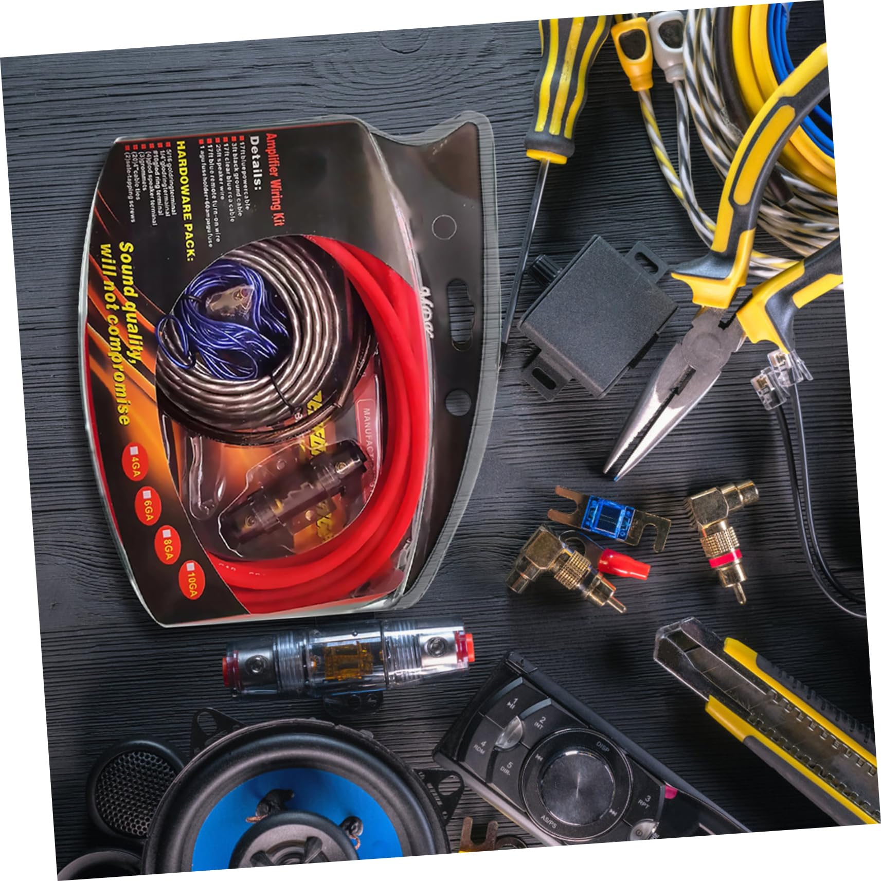 UKCOCO Kit de Câblage Solution Complète Amplificateur de Voiture pour 4 Gauge, Connecteurs RCA, Porte-fusible pour Système Audio Auto