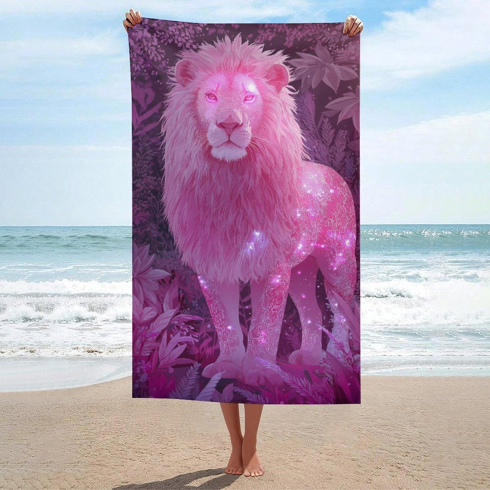 LSRCPD Pink Glowing Lion in The Beach Towel Sand Free Microfiber Large Shower Towels Multipurpose Absorbent for Bathroom Pool 130x80 CM