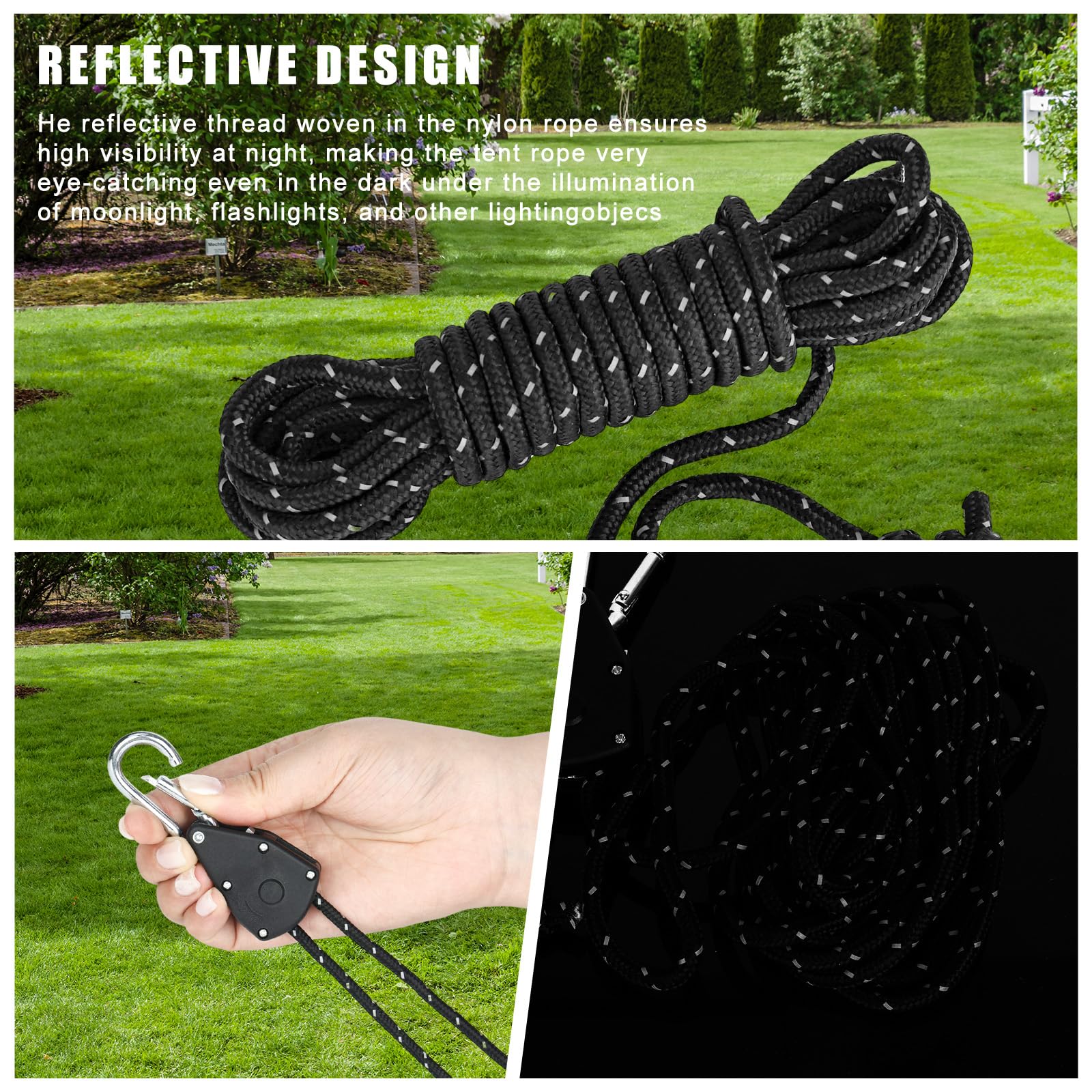 8 ganchos de trinquete, cuerdas tensoras de 4 m con tensor de cuerda, carraca resistente de 1/8 pulgadas para plantas, ventilador, luz, plantas de interior (negro)