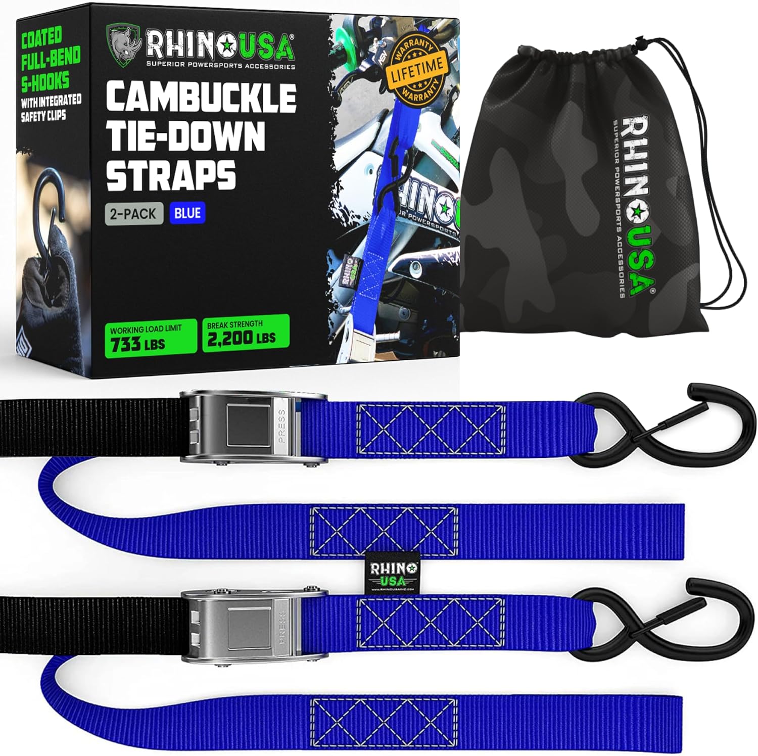 Rhino USA Motorcycle Tie Down Straps (2 Pack) Lab Inspected 2,200lb Break Strength, Steel Cambuckle Tiedown Set with Integrated Soft Loops - Better Than a Ratchet Strap (Blue 2-Pack)