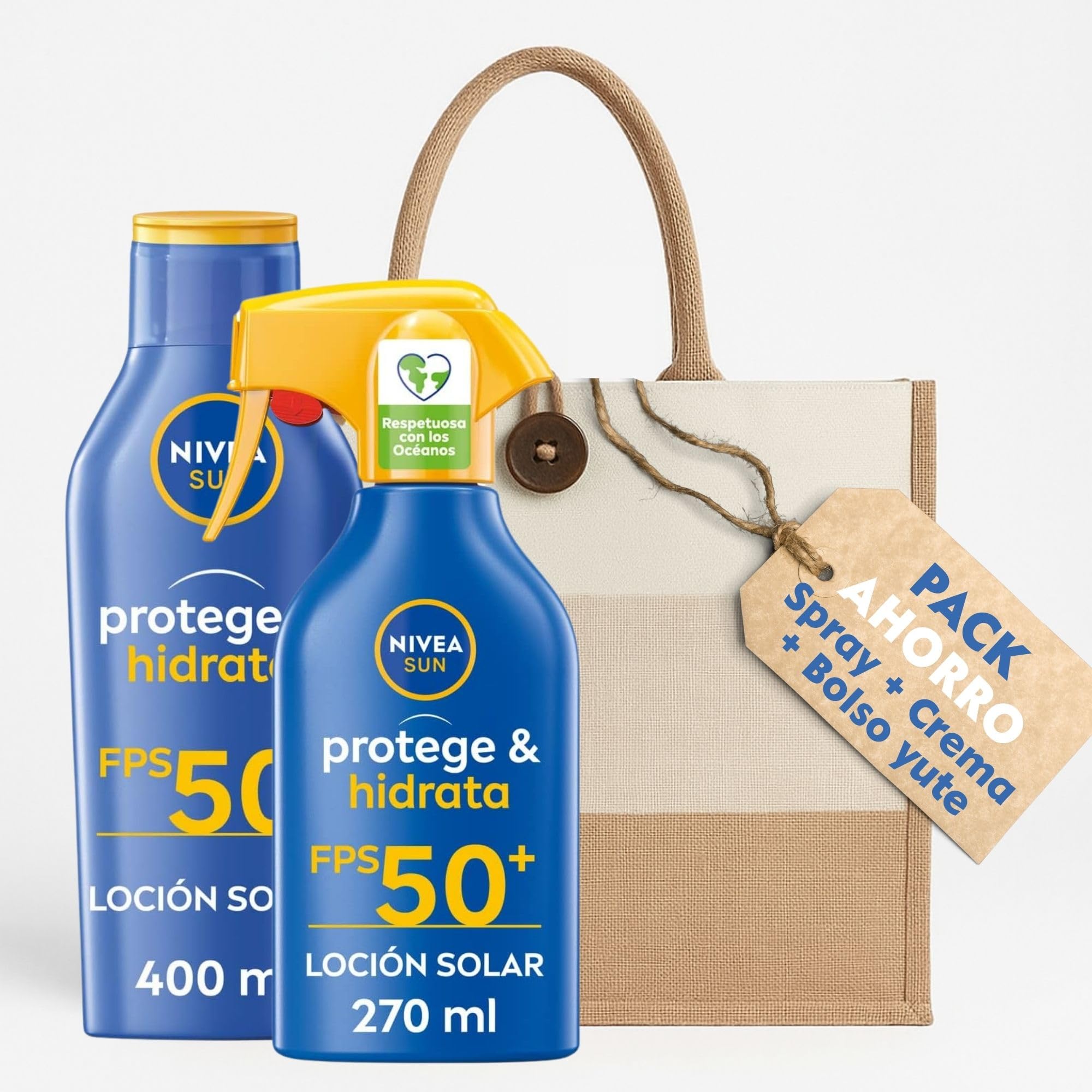 NIVEA Sun Pack Crema + Spray Solar Corporal SPF 50 + Bolso Yute | 800 ml | Protección muy alta UVA y UVB | Resistente al agua | Hidrata sin sensación grasa | Para playa y excursiones