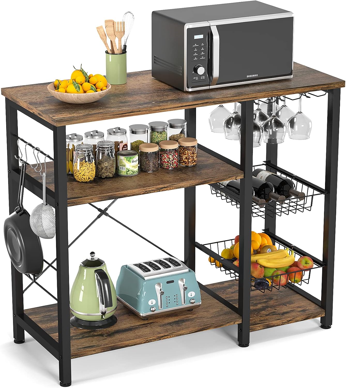 Ecoprsio Bakers Rack, 35.5 Inch Coffee Bar Cabinet with Wine Glass Holder, 4-Tier+3-Tier Microwave Stands Storage, Utility Kitchen Island Rack with 5 Hooks, Rustic Brown