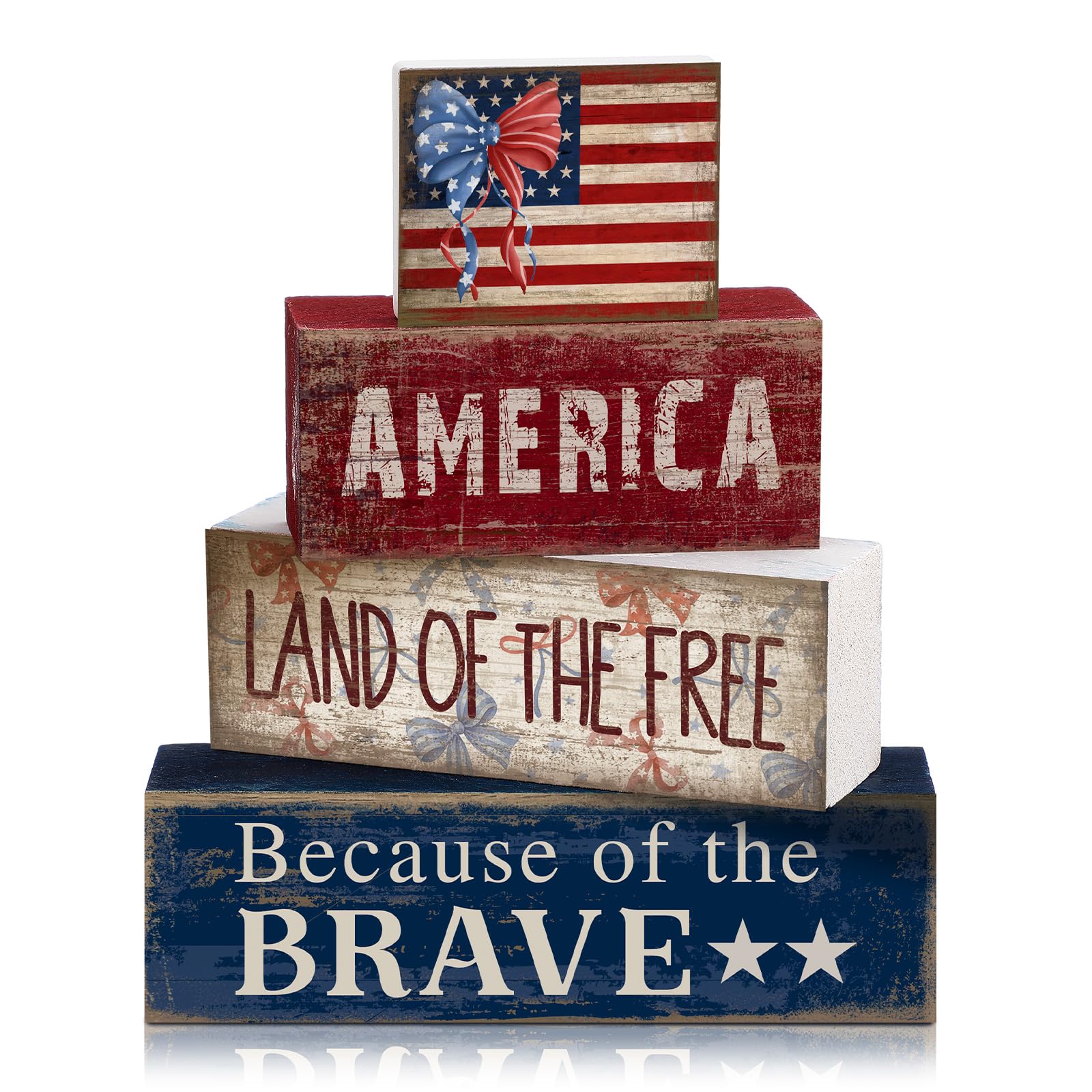 Photo 1 of CroBlissful 4 Pcs 4th of July Decorations Patriotic Memorial Day Tabletop Decoration Red White Blue Table Centerpieces 250th Anniversary Wooden Fourth of July Sign for Office Tiered Tray Home Shelf