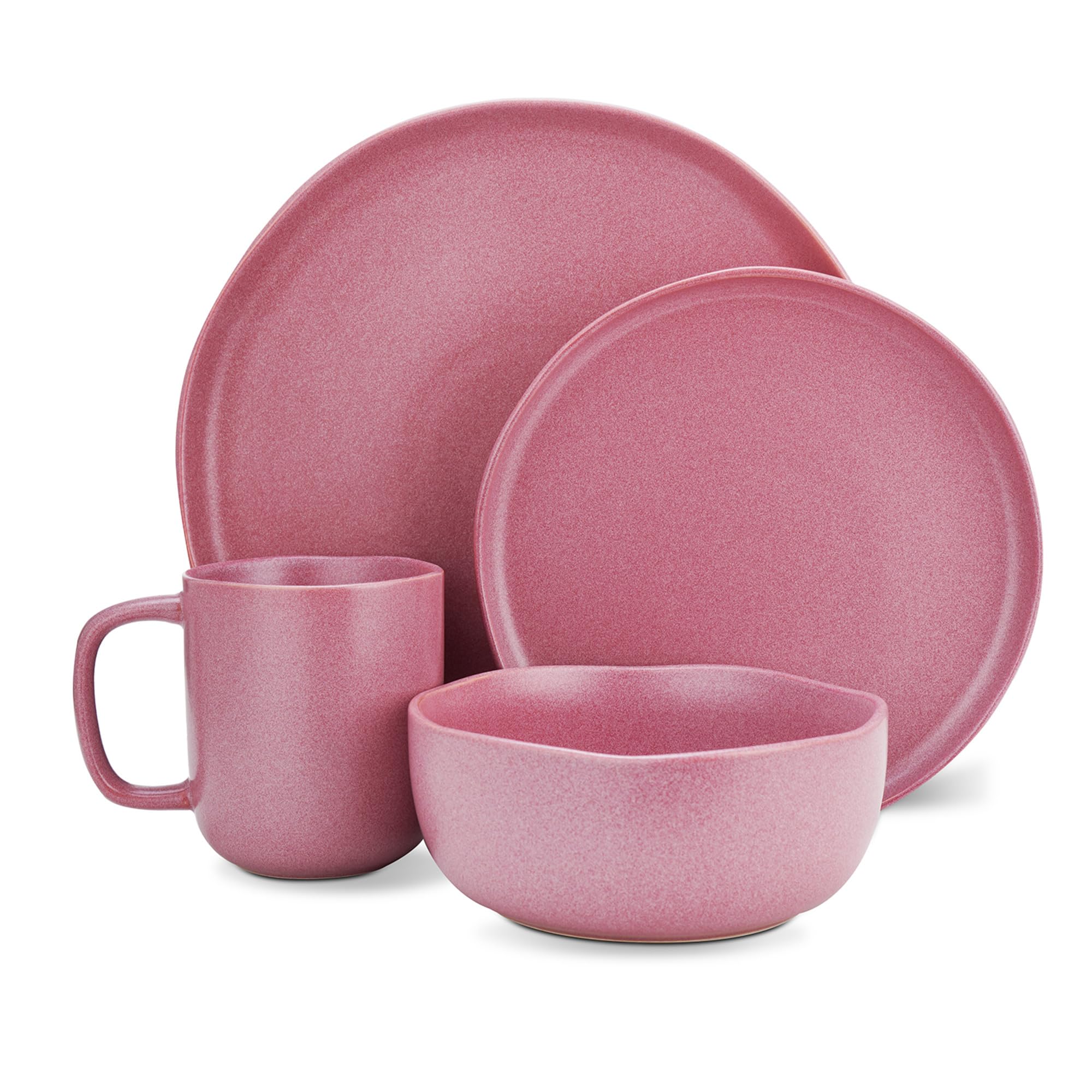 Stone Lain Tom Stoneware 16-Piece Reactive Glaze Dinnerware Set, Plates and Bowls Set, Microwave and Dishwasher Safe Dish Set for 4, Pink and White