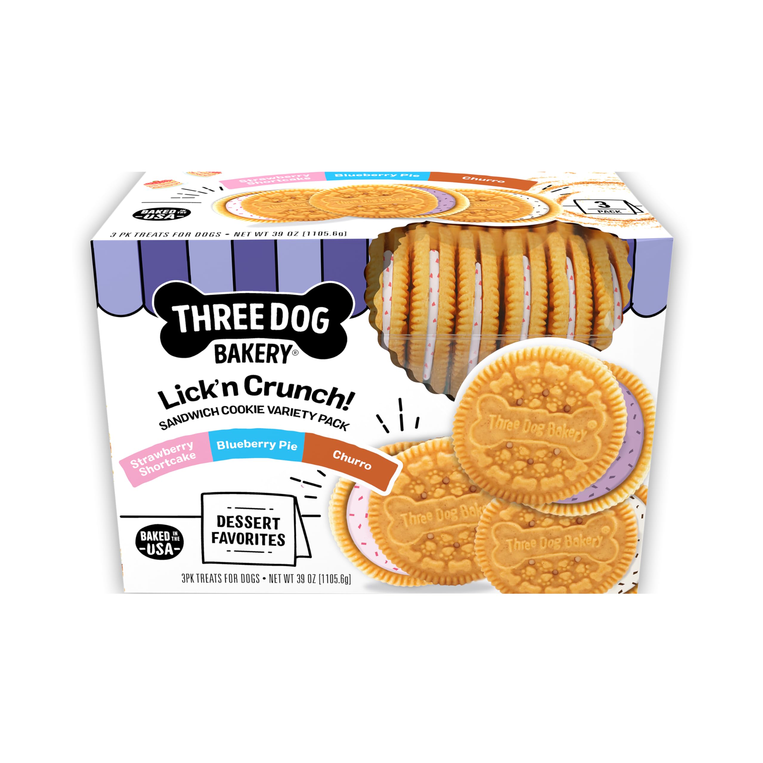 Three Dog Bakery Lick'n Crunch Sandwich Cookies Premium Dog Treats with No Artificial Flavors, Carob/Peanut Butter, Golden/Vanilla, 39 Ounces (Pack of 1): Dessert Favorites