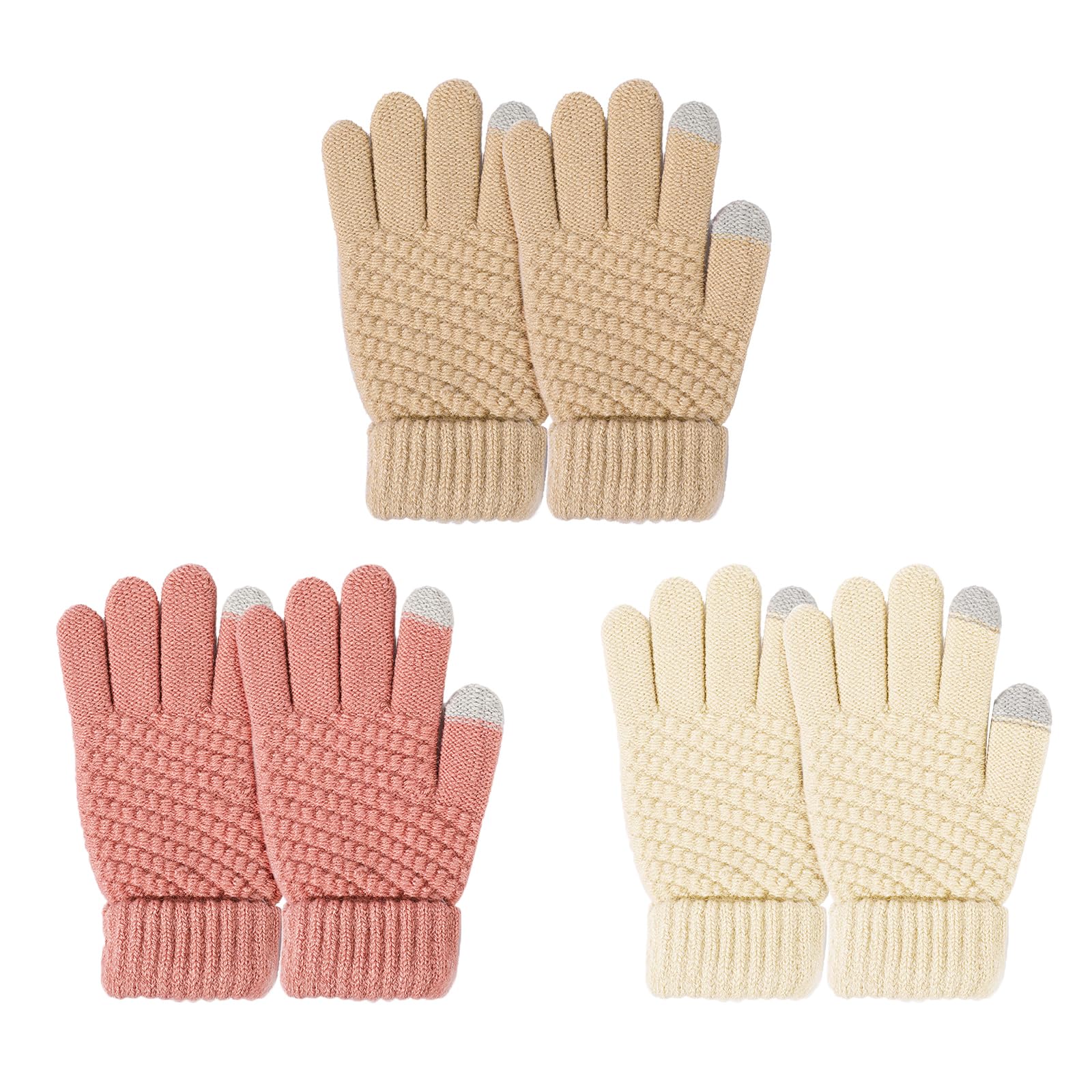 TAGVO Guantes de Punto para Niños Pequeños - 3 Pares de Invierno Con Dedos Completos para 5-15 Años - Elásticos Mitones