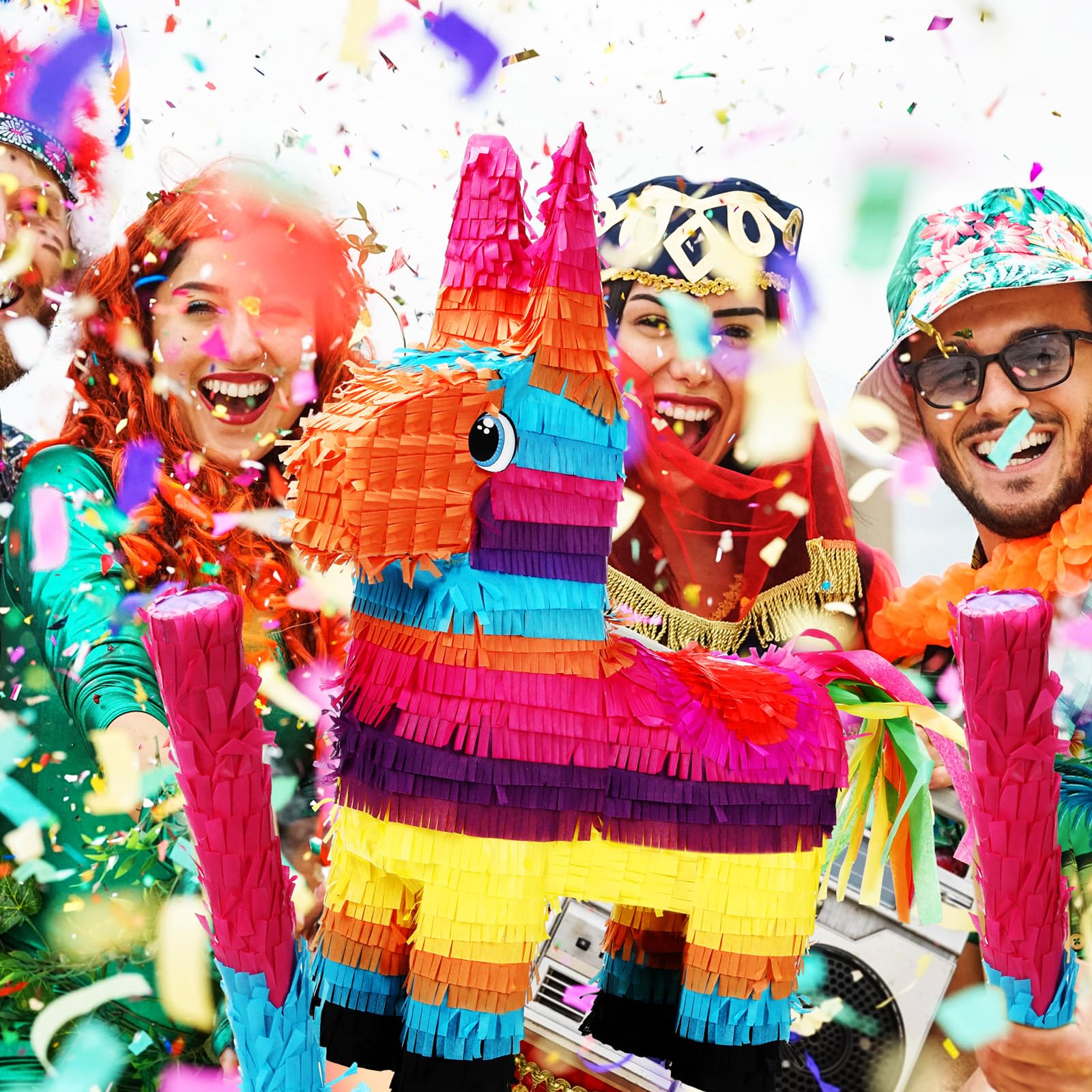 Poen Piñata grande de burro arcoíris de 21 pulgadas, piñata multicolor para fiesta, 53 x 15,7 x 6 pulgadas, decoración de fiesta temática mexicana, carnaval, festivales, eventos de martes de tacos,