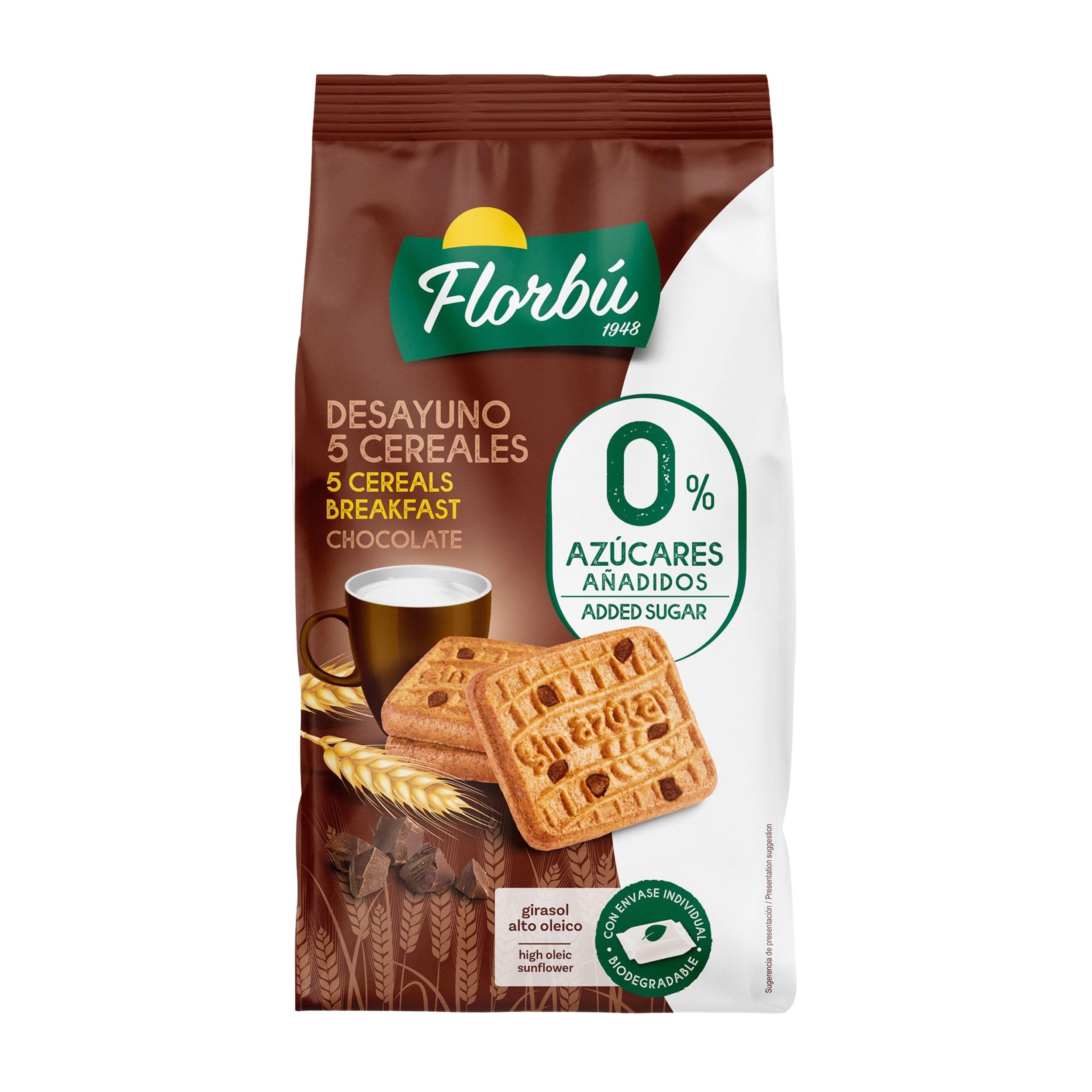 Florbu No Added Sugar Chocolate Breakfast Biscuits 0% - Wholemeal Diabetic Biscuits, High Fibre Snack Made with Sunflower & Wholemeal Flour, Convenient Individual Snack Packs for Work & On-the-Go