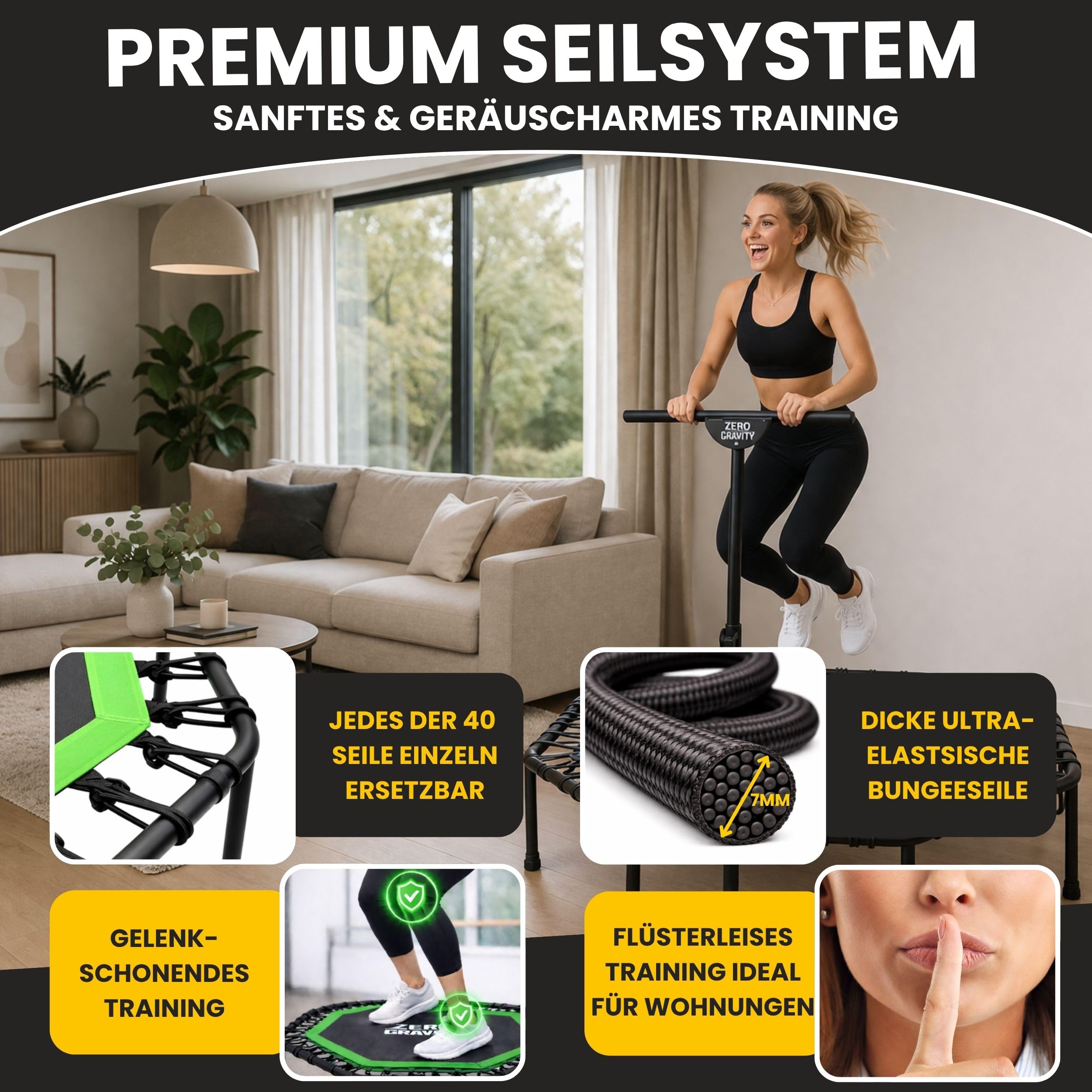 Zero Gravity Fitness Trampolin für Zuhause • Extra große Sprungfläche ideal für Jumping Fitness •Stabiles achteckiges Indoor Trampolin mit Haltegriff • Hochwertige Bungeeseilfederung • Bis 130 kg