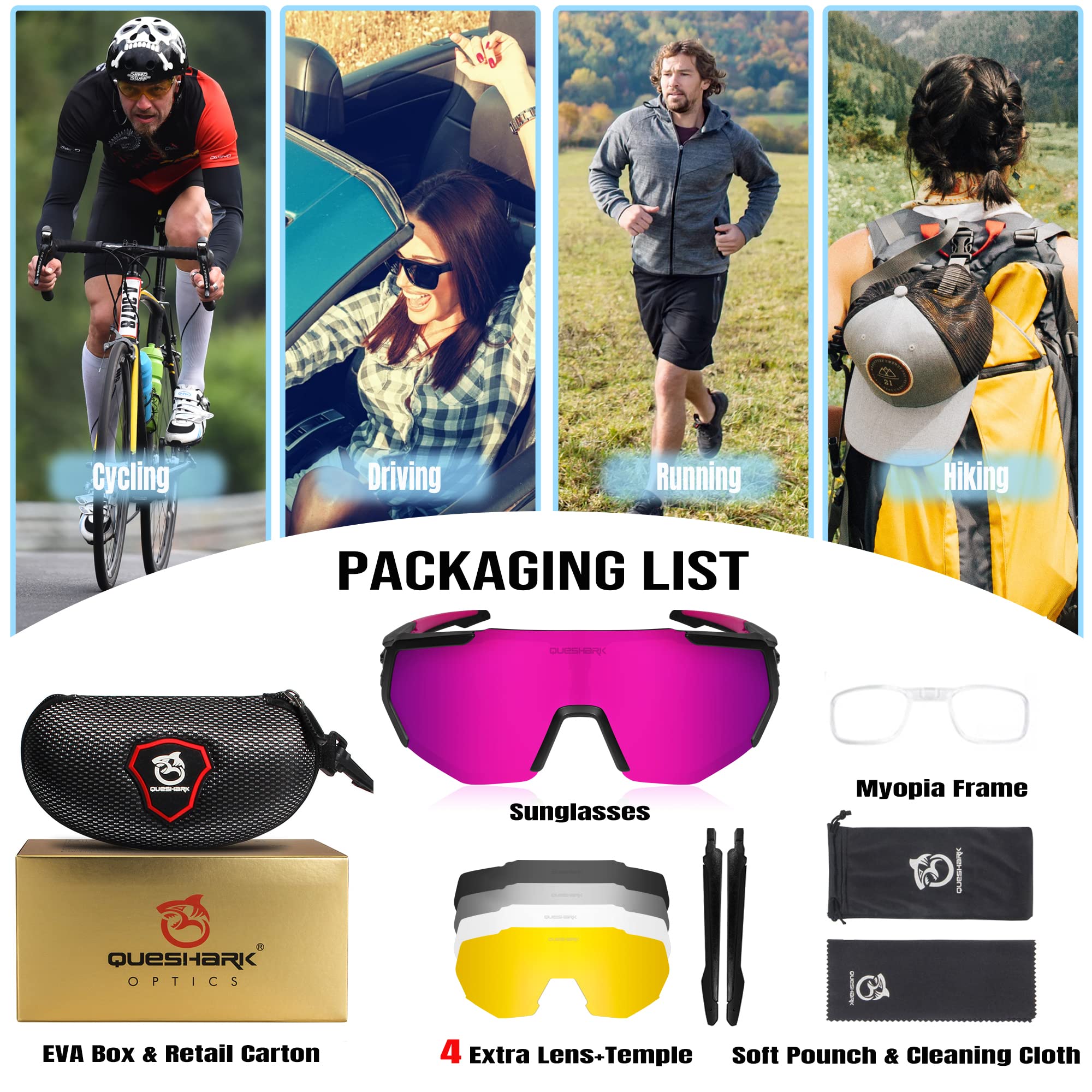Queshark Polarizzati Anti-UV con 3 o 5 Lenti Occhiali da Ciclismo Bici MTB Intercambiabili per Sport Uomo Donna Guida Pesca Golf Baseball Corsa