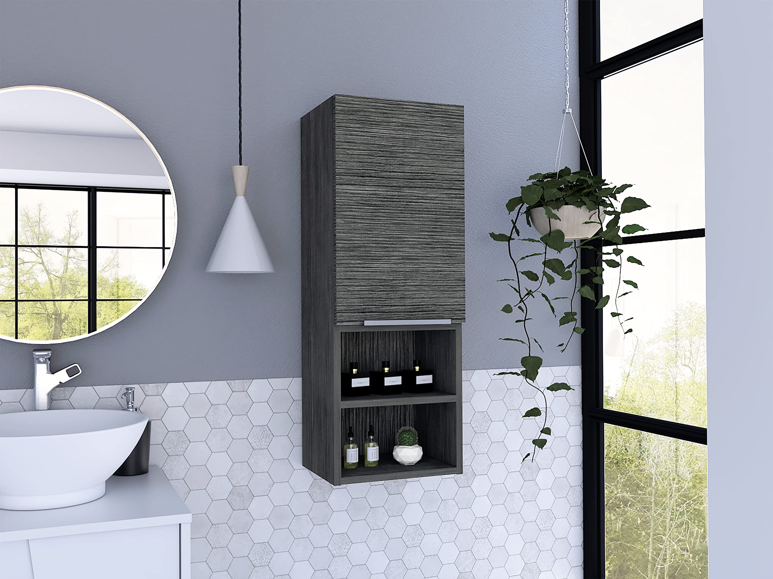 Savona Single Door Bathroom Cabinet with 2 Open Shelves and 2 Interior Shelves, Smokey Oak