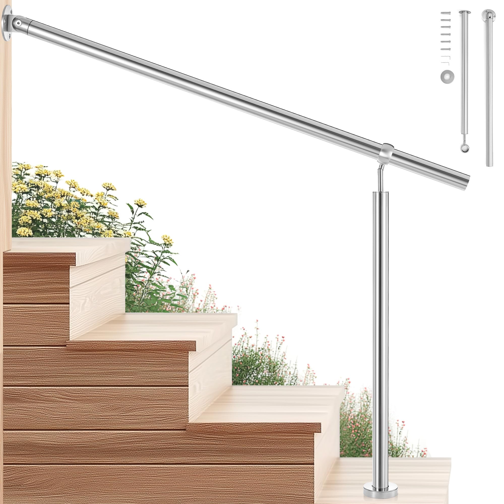 CO-Z Stainless Steel Handrail, 120x90 cm Interior Exterior Handrail for 3-4 Steps, Hand Support Railing for The Elderly & Others, Outdoor Indoor Bannister Rail with Wall Fittings and Metal Plugs