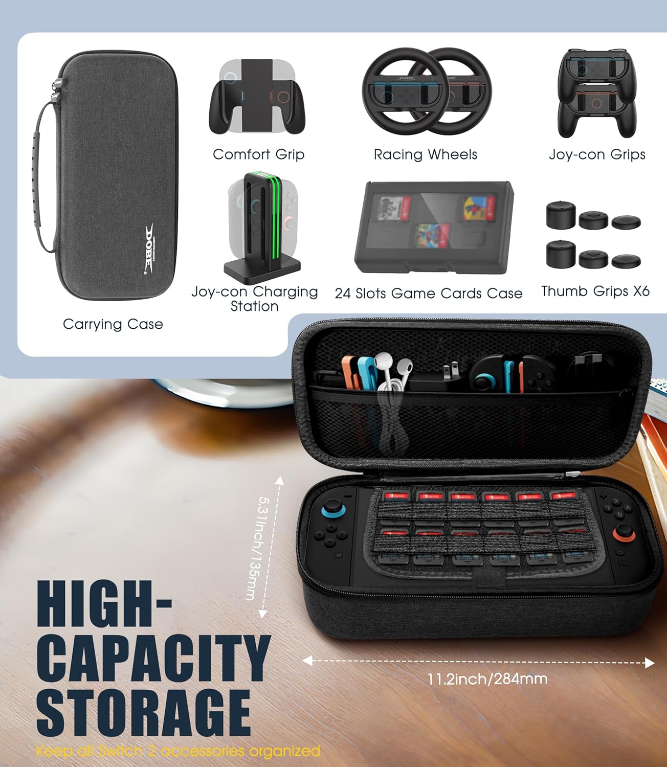 (14 in 1) Orzero Accessories Bundle for Switch 2 2025 Carrying Case & Joy-con Charging Station, 24 Slots Game Card Case, Thumb Grip Caps, Joycon Grips and Steering Wheels for Enhanced Games Play - Black