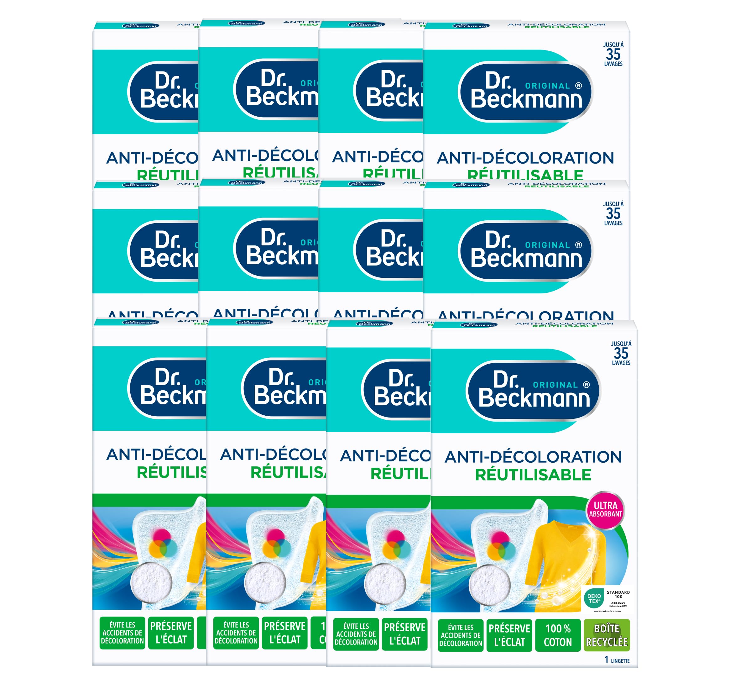 Dr. Beckmann - Lingette Anti-Décoloration Réutilisable - Maintien de l'Éclat des Couleurs - Fibre 100% Coton - Jusqu'à 30 Lavages - Lot de 12
