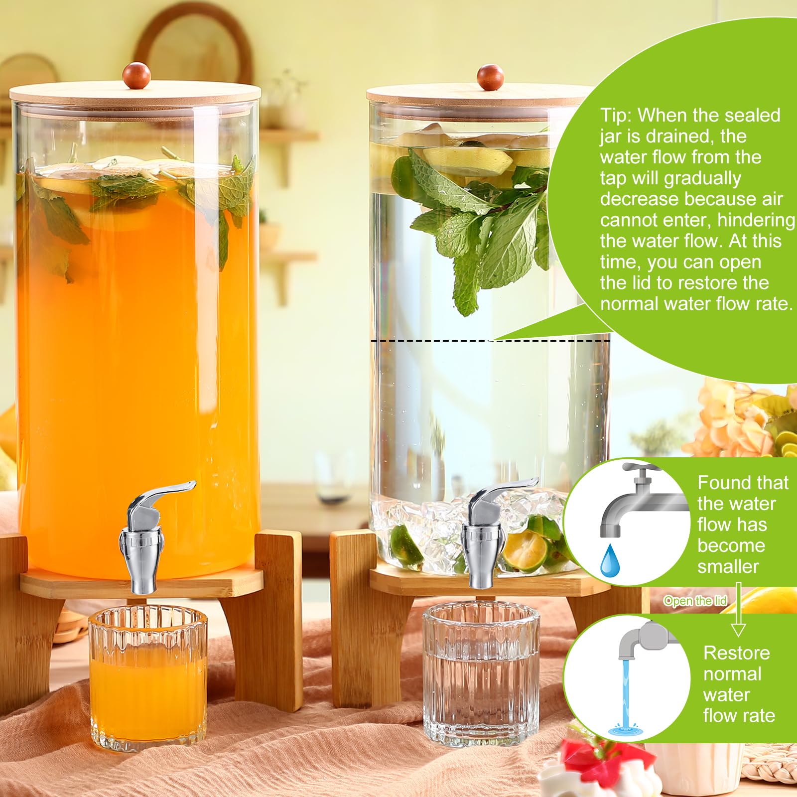 FillTouch Paquete de 2 dispensadores de bebidas de vidrio de 3 galones para fiestas, dispensadores de bebidas con soporte, espiga y tapa de bambú, a prueba de fugas para jugo, té, agua, limonada y