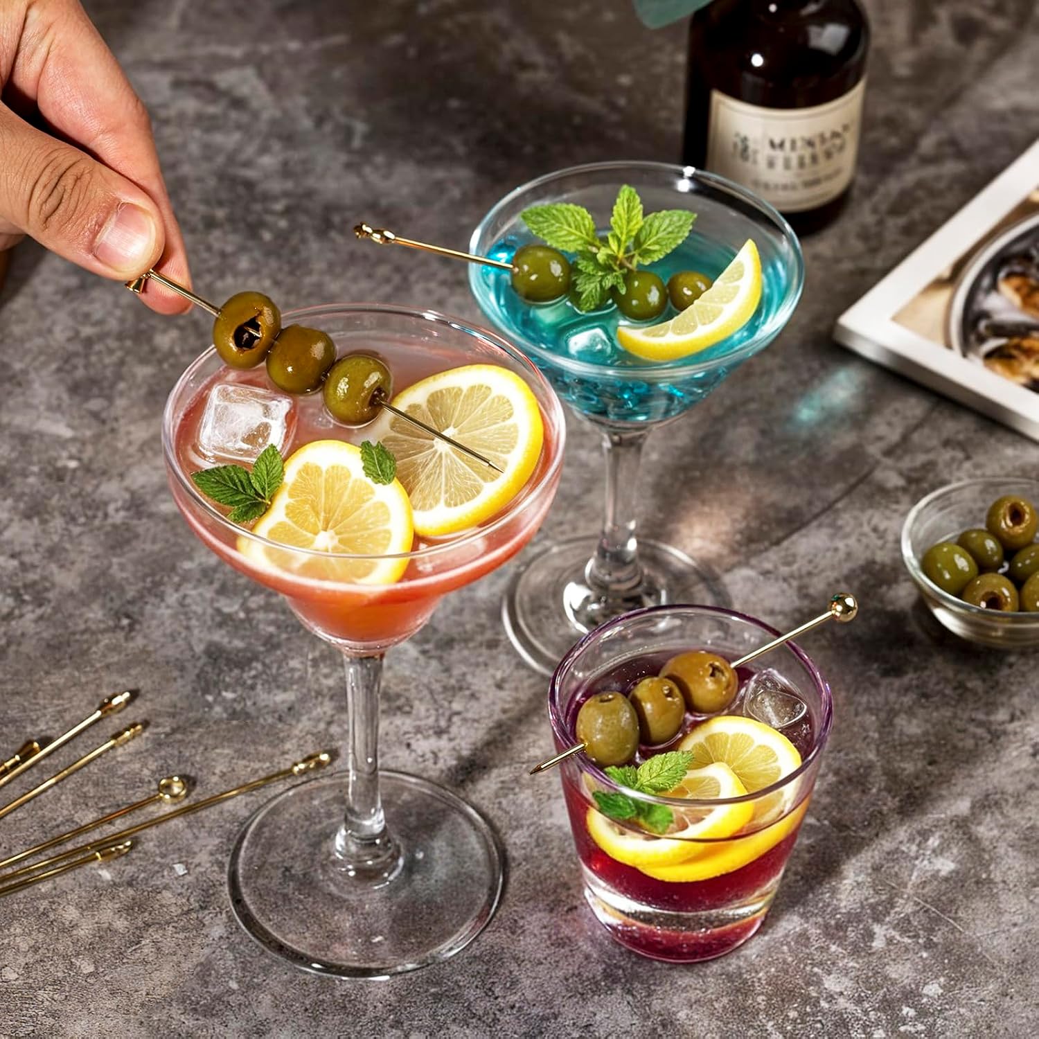 Metal Martini Cocktail Picks Gold, Skewers for Olive 4.2 in to 4.38 in, Stainless Steel Drinks Garnish Sticks, Reusable Toothpicks for Appetizers, Gift for Mother, Home Bar Accessories - 9 Pcs