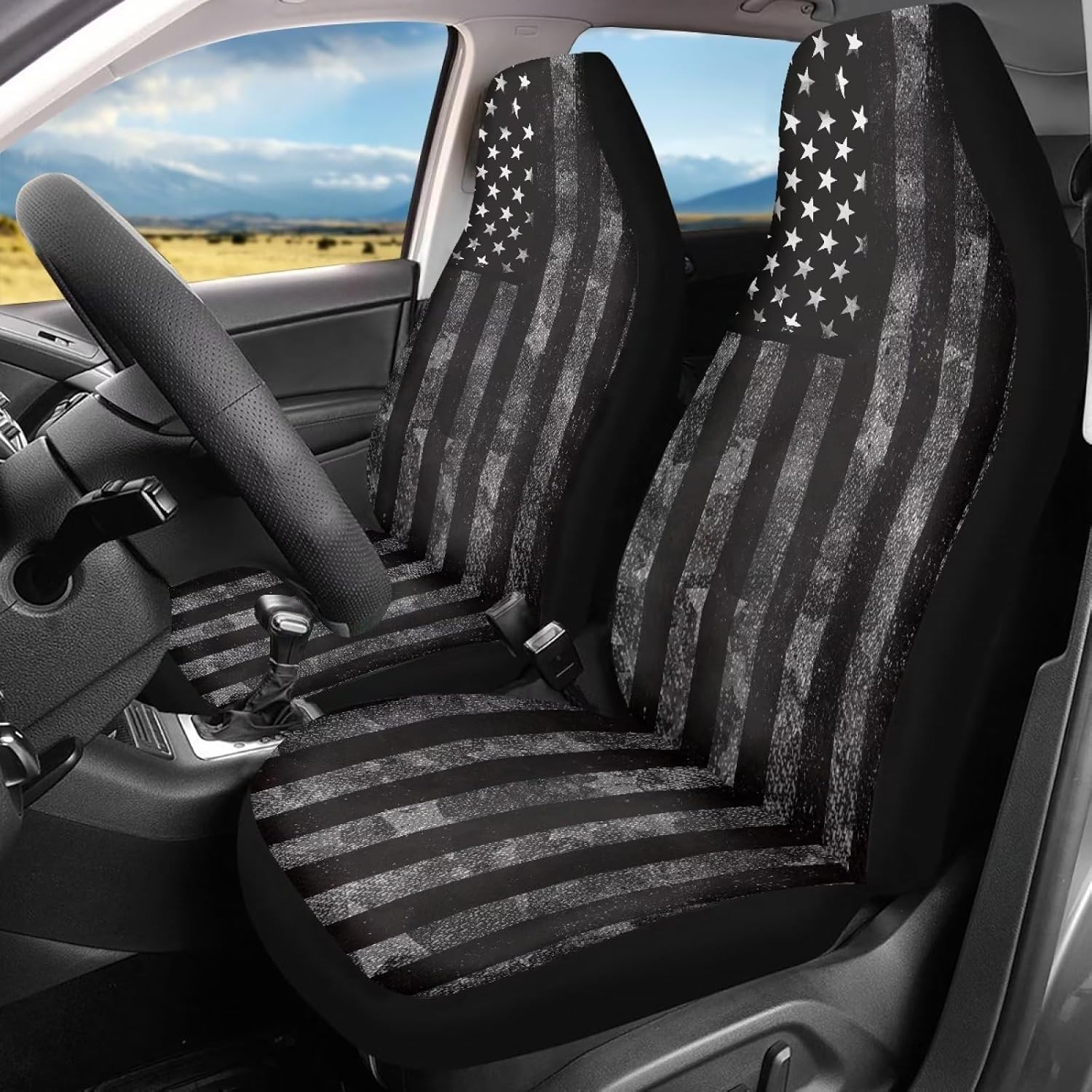 Black Grey American Flag Print 2 Piece Car Seat Covers Front Seats Only Camo Car Accessories for Women Men Interior 4th of July Patriotic Bucket Seat Protector for Cars Trucks SUV