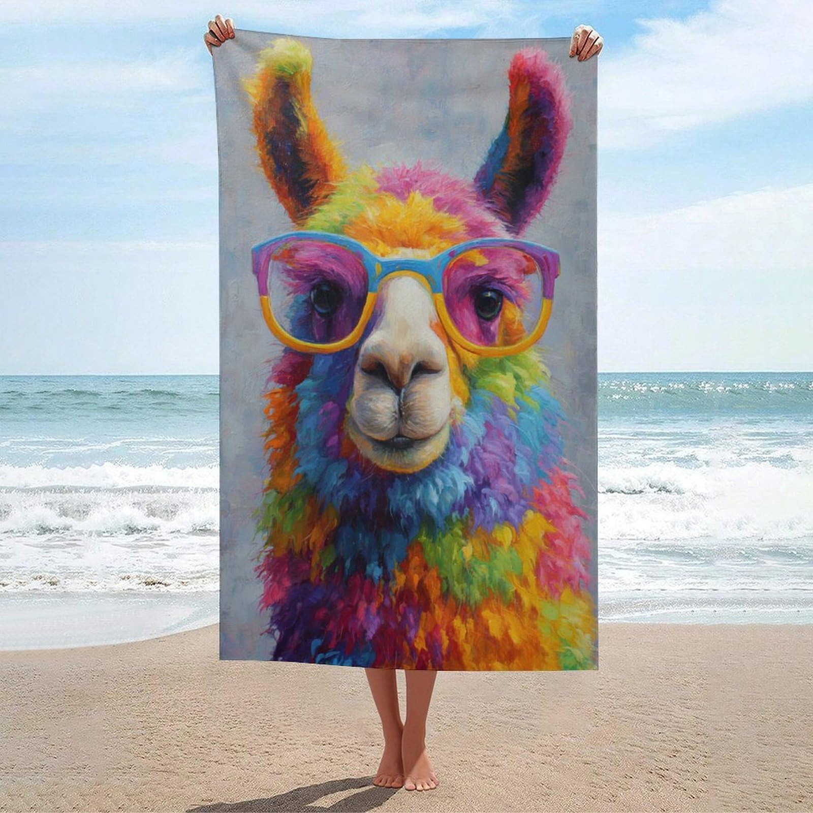 asbwuo Funny Llama Wearing Rainbow-Colored Glasses Beach Towel