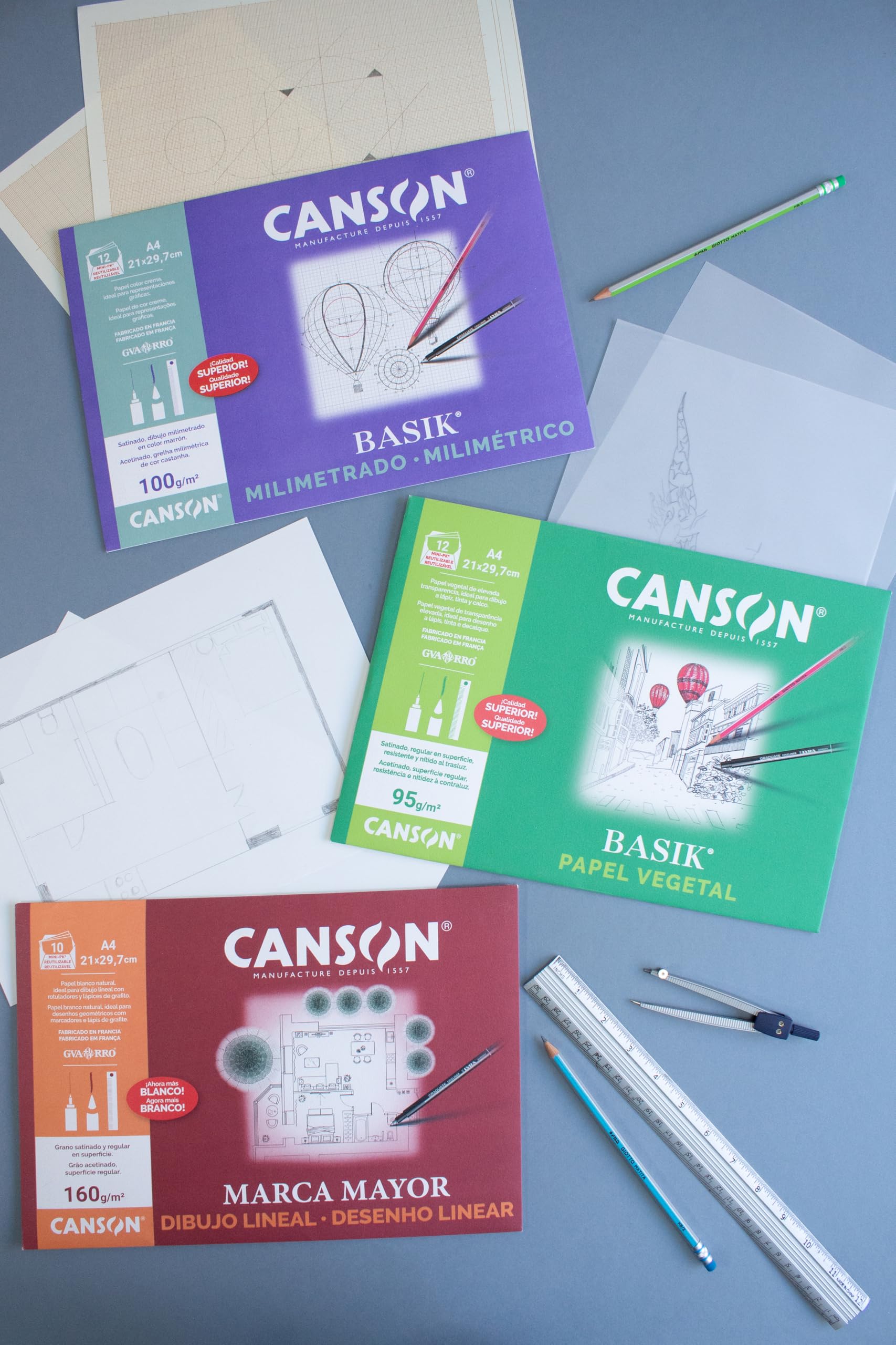 Canson Vegetal Basik, Papeles técnicos, Suave, 90gsm, Minipack, A3-29,7x42cm, Translucido, 12 Hojas