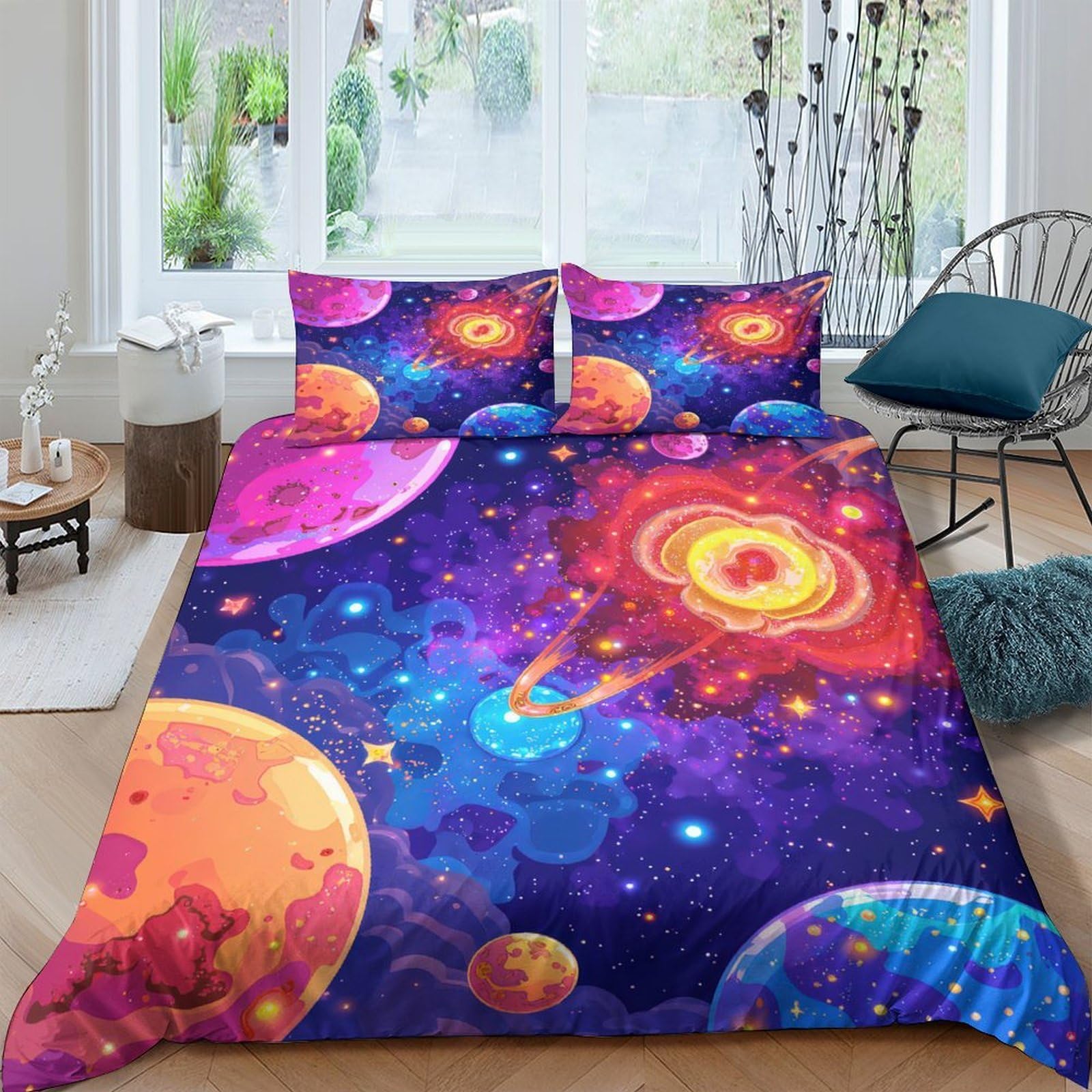 GPLZQXKJNH 3D Printed Galaxy Starry Sky Duvet Cover Set Microfiber Colourful Cosmic Nebula Bedding with 2 Pillowcases for Bedroom Single（135x200cm）