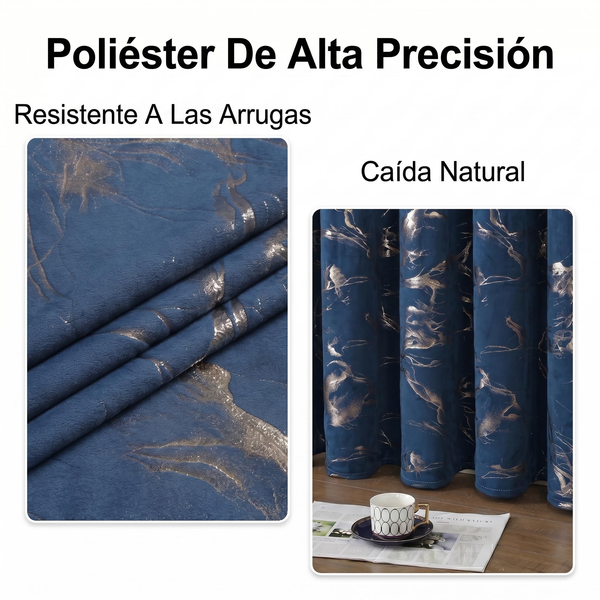 Cortinas Azul Marino Doradas Efecto mármol, H200 x An140 cm, Juego de 2 Paneles, Terciopelo Suave, Cortinas Opacas 85-90%, Ojales metálicos 4 cm, salón Dormitorio Oficina