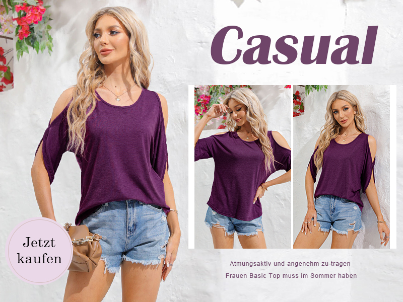 Maglietta Estiva Donna Maniche Corte Scollo Rotondo | Yuccalley Morbida E Elastica | Colore Viola Taglia S