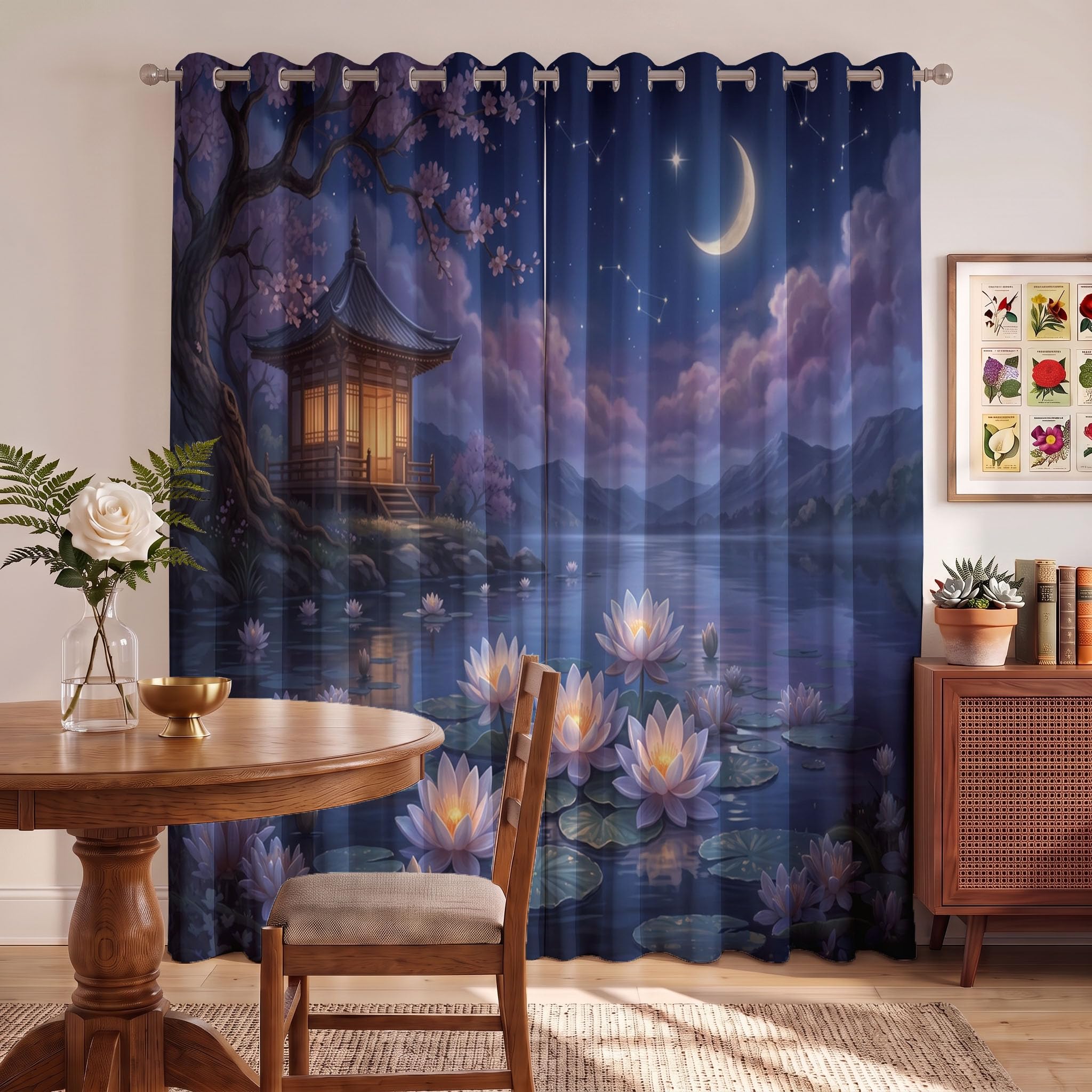 Rideau Occultants Paysage Jardin Japonais Bleu Marine 75X166 Cm (Lxh) | Rideau Opaque Thermiques Ciel Clair Lune Fleurs Lotus Lac Pour Chambre D'Enfant, Lot De 2 Draperies Intérieurs À Oeillets